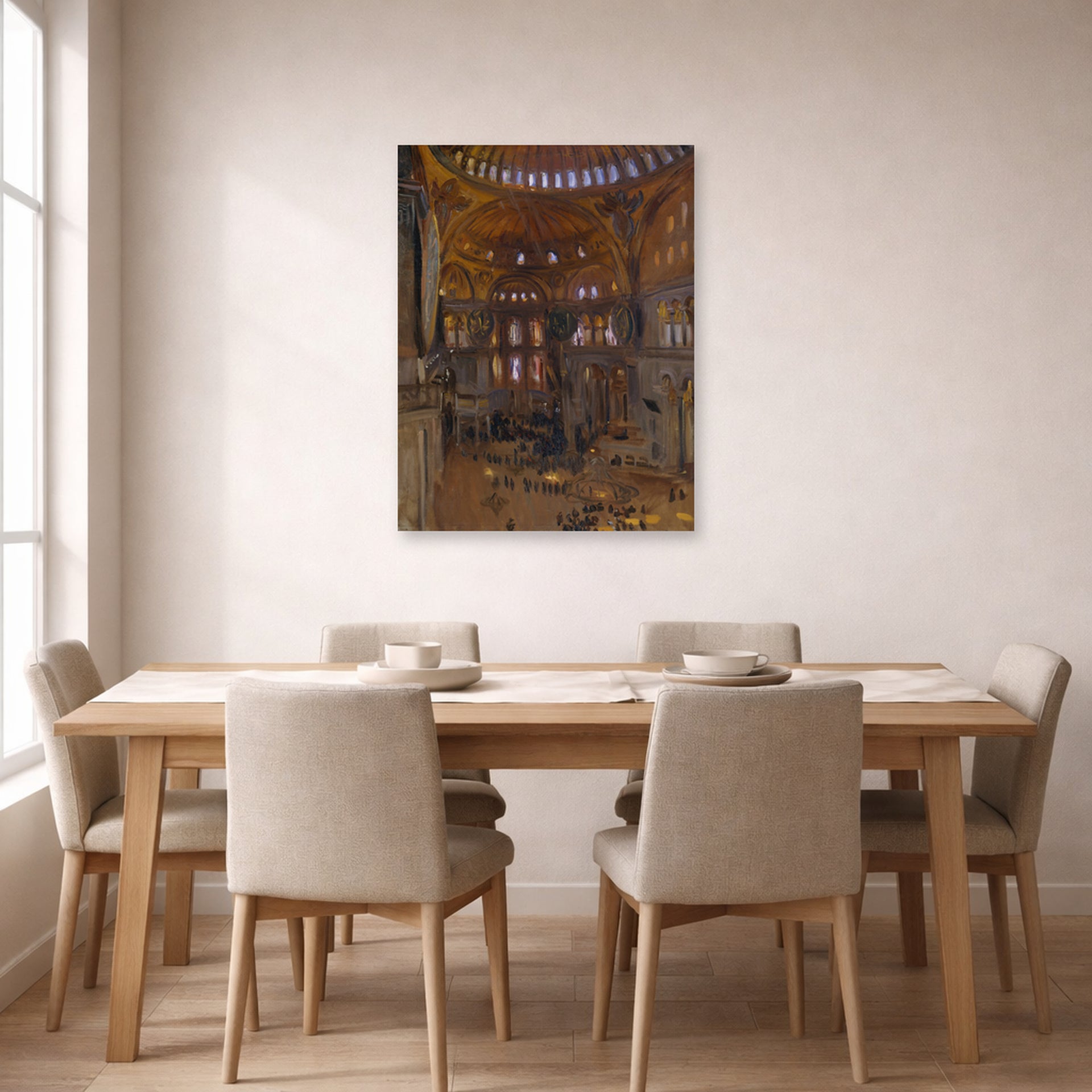 Unframed poster print of John Singer Sargent's Santa Sofia displayed on a wall in a dining room
