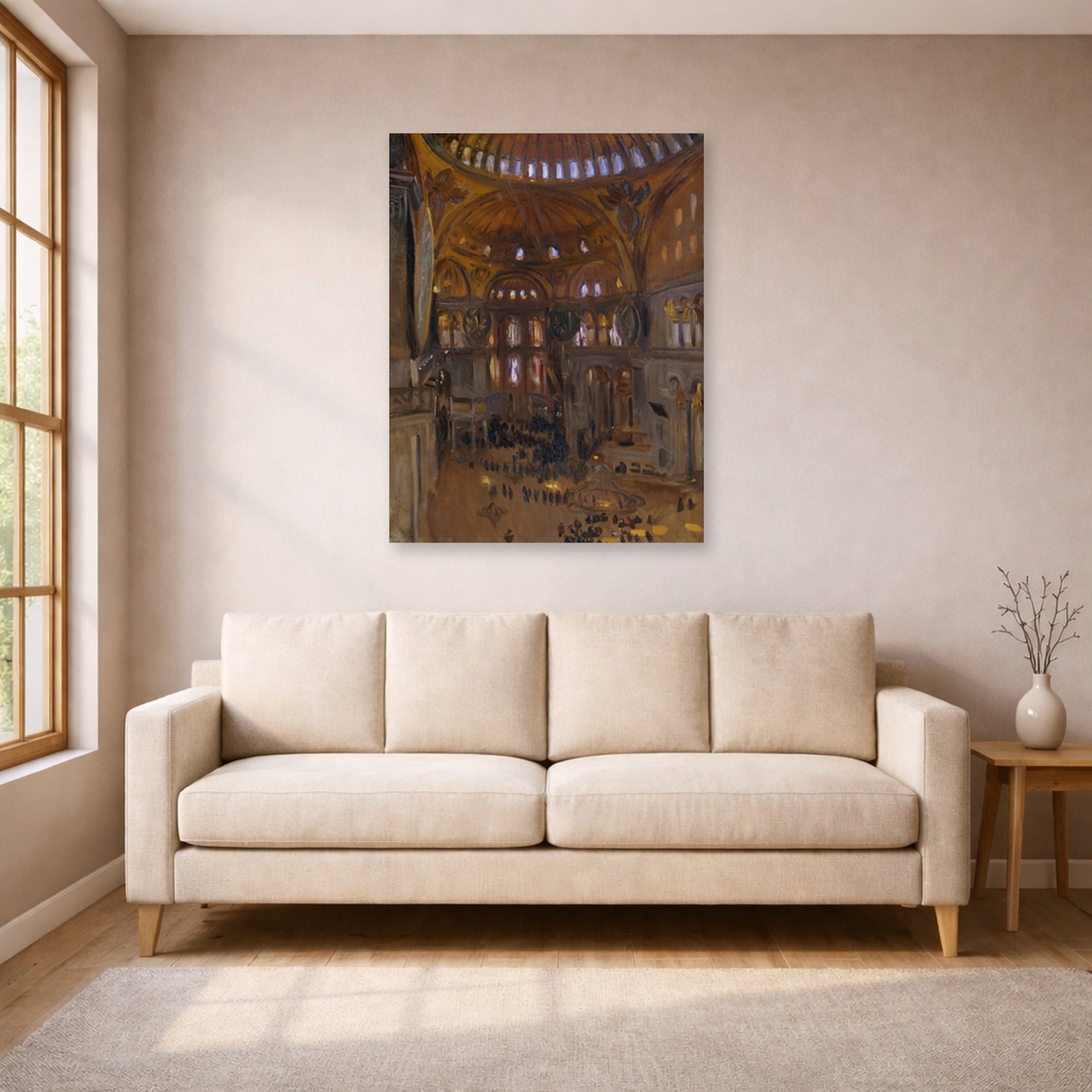Unframed poster print of John Singer Sargent's Santa Sofia displayed on a wall in a living room