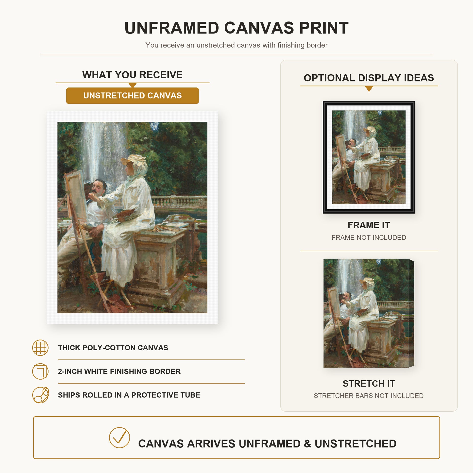 John Singer Sargent - The Fountain canvas print size comparison and framing display infographic