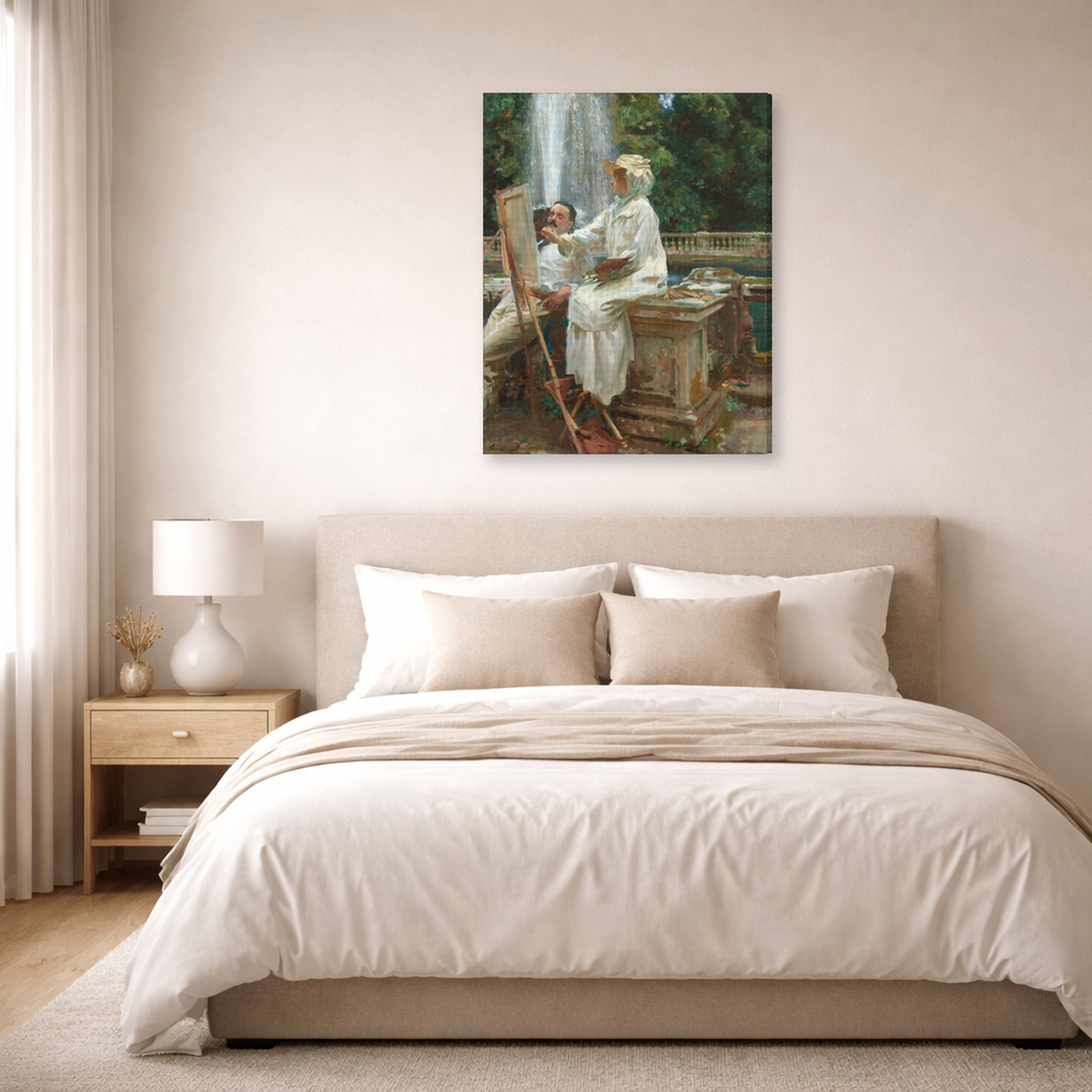 Gallery-wrapped canvas print of John Singer Sargent's The Fountain displayed on a wall in a bedroom