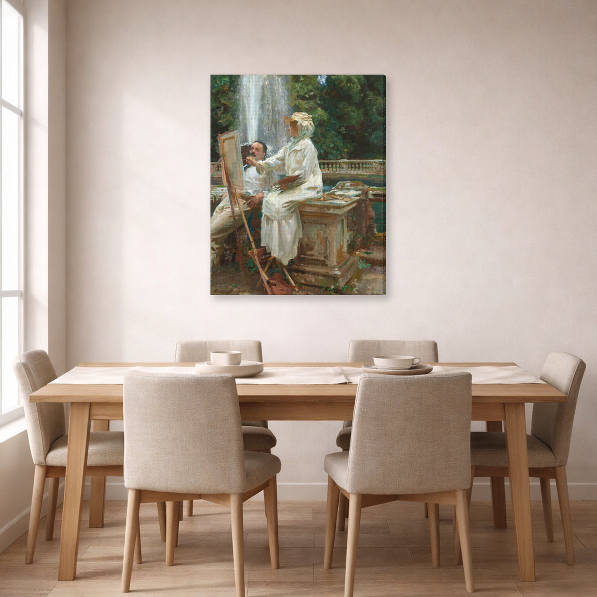 Gallery-wrapped canvas print of John Singer Sargent's The Fountain displayed on a wall in a dining room