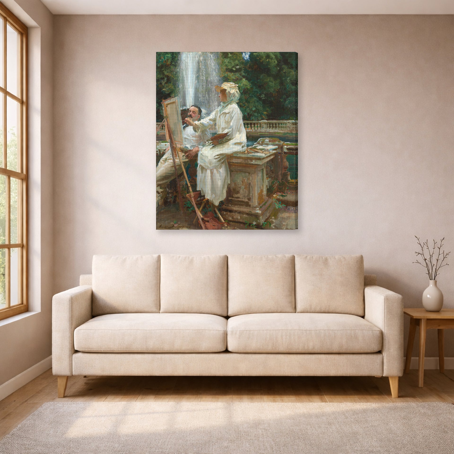 Gallery-wrapped canvas print of John Singer Sargent's The Fountain displayed on a wall in a living room