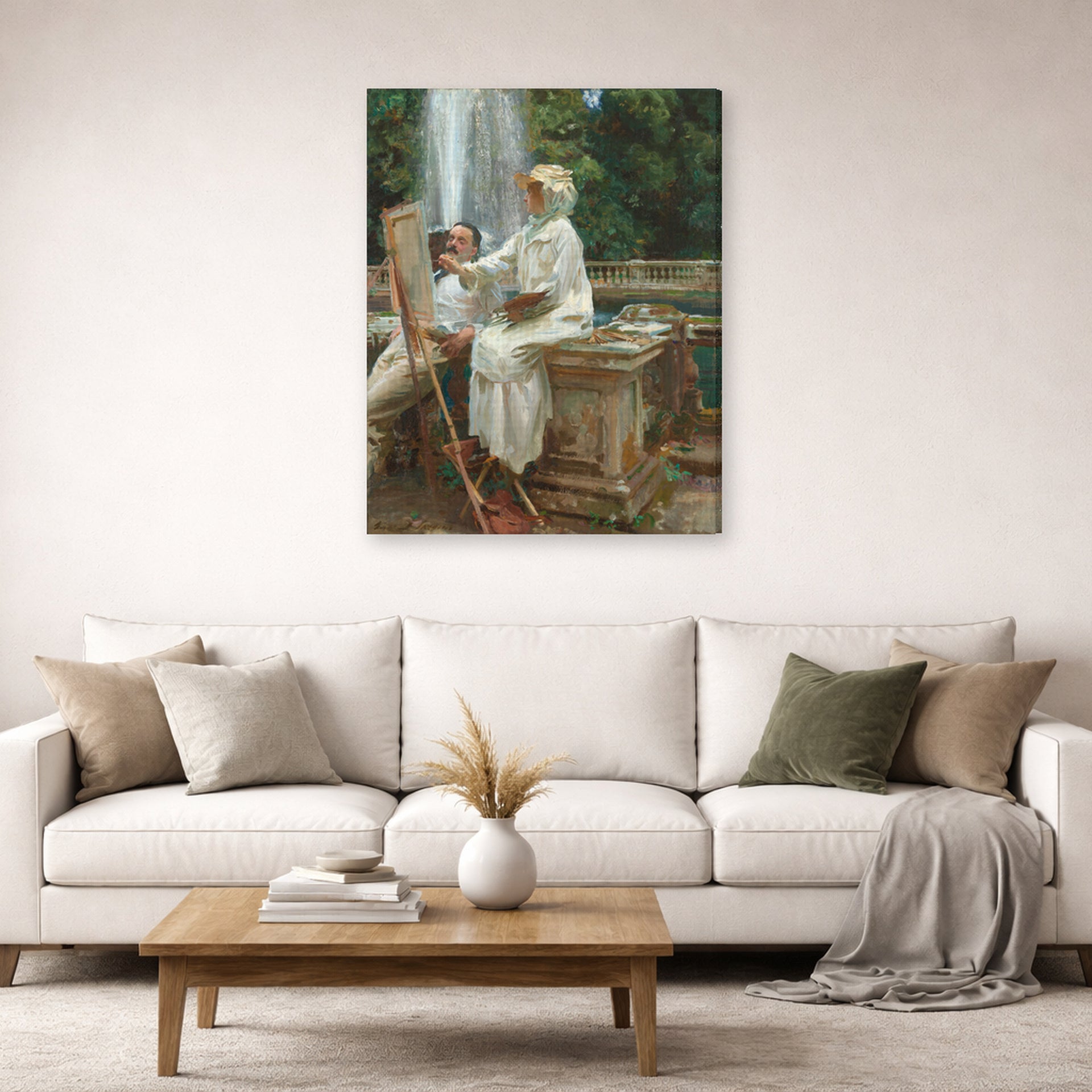 Gallery-wrapped canvas print of John Singer Sargent's The Fountain displayed on a wall in a living room