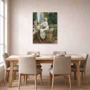 Unframed poster print of John Singer Sargent's The Fountain displayed on a wall in a dining room