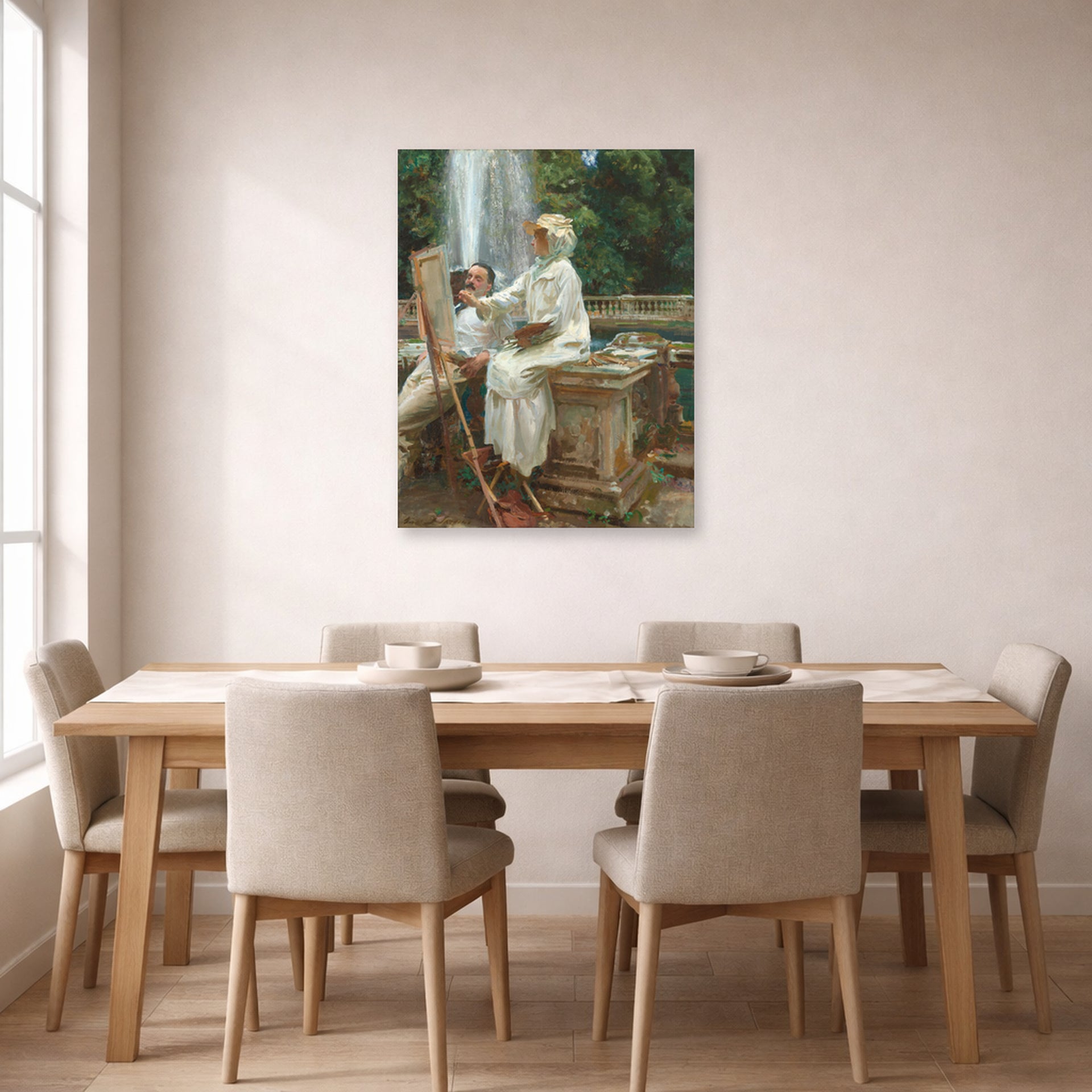 Unframed poster print of John Singer Sargent's The Fountain displayed on a wall in a dining room