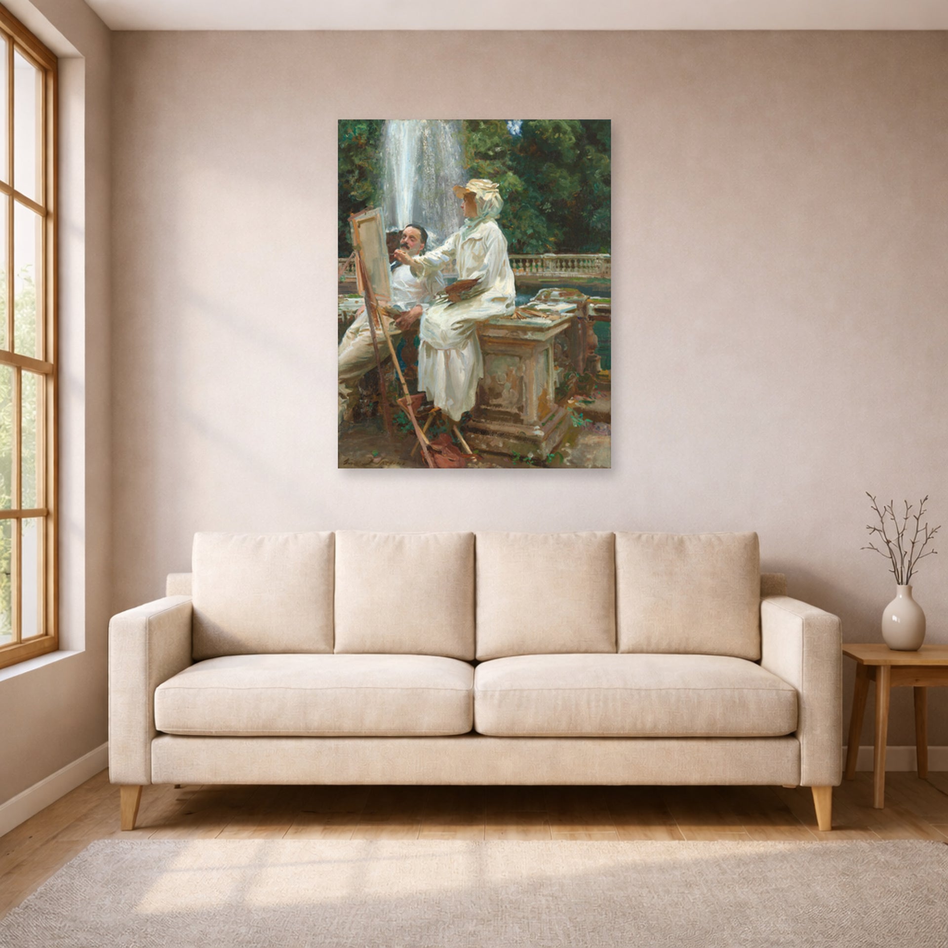 Unframed poster print of John Singer Sargent's The Fountain displayed on a wall in a living room