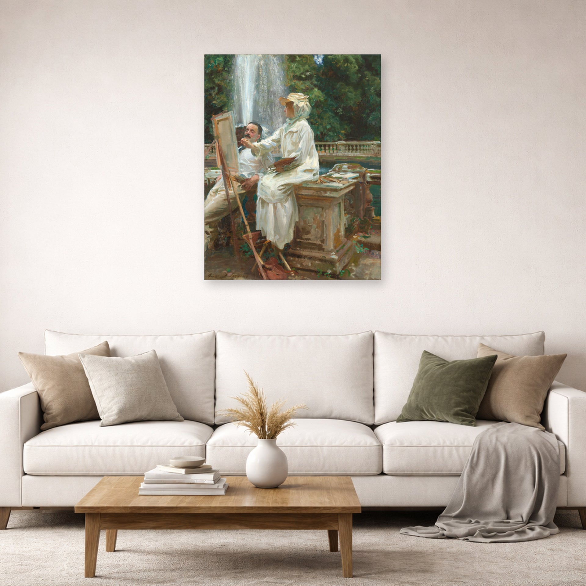 Unframed poster print of John Singer Sargent's The Fountain displayed on a wall in a living room