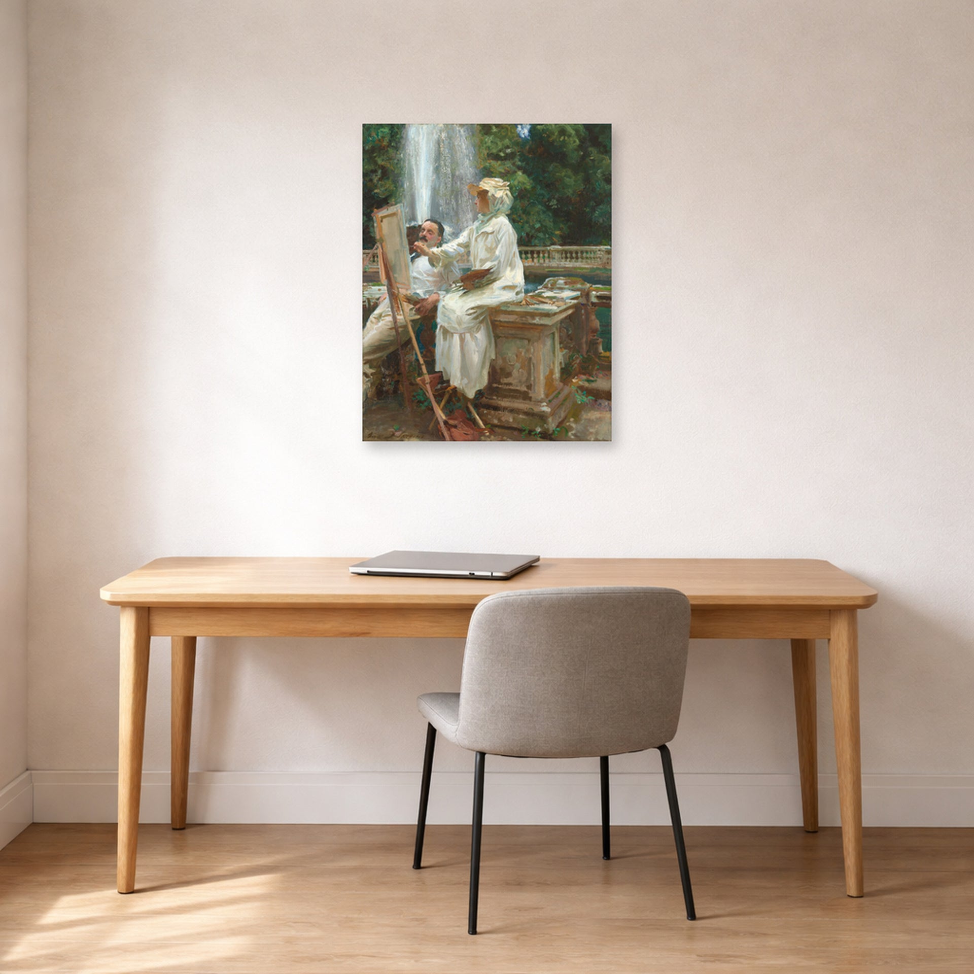 Unframed poster print of John Singer Sargent's The Fountain displayed on a wall in an office
