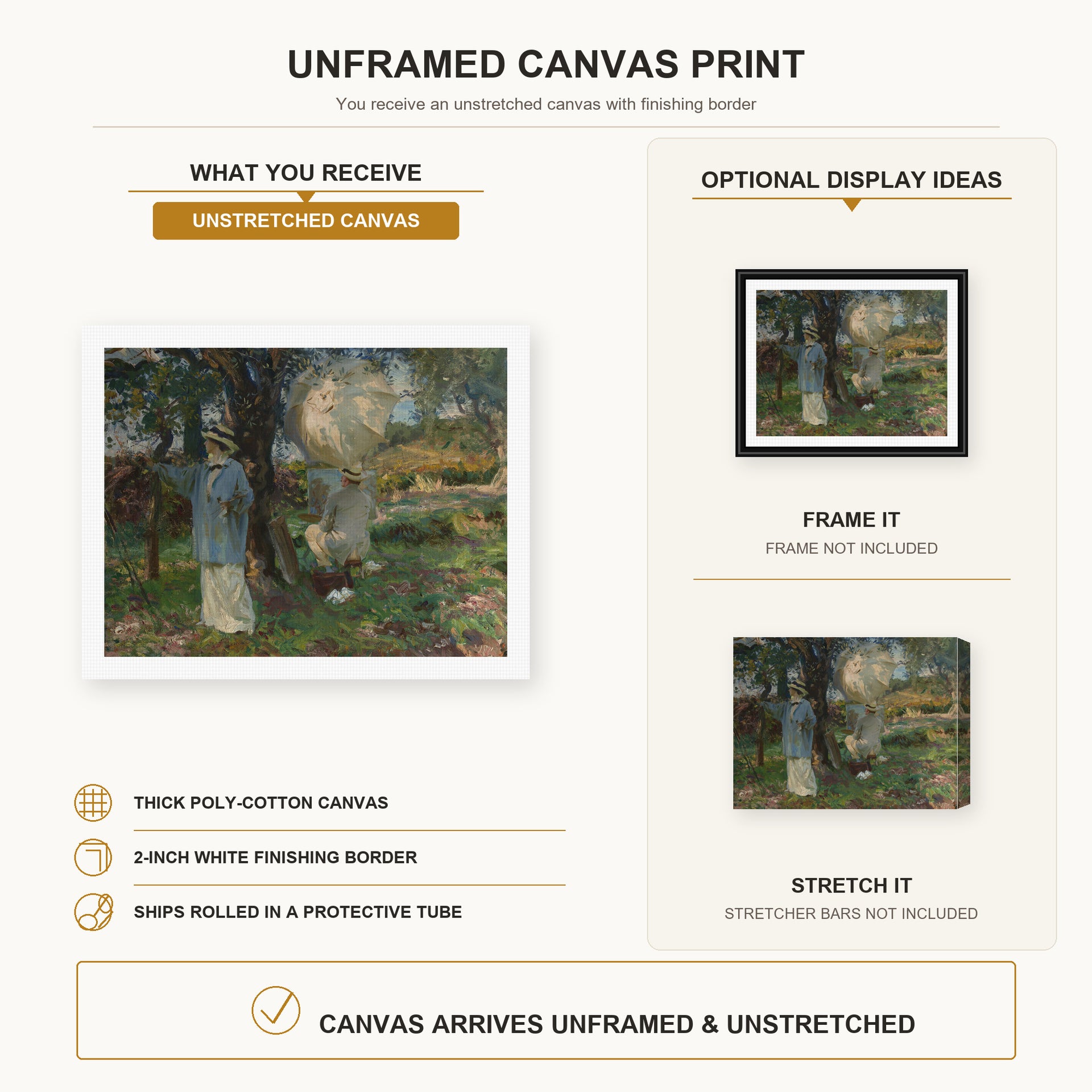 John Singer Sargent - The Sketchers canvas print size comparison and framing display infographic
