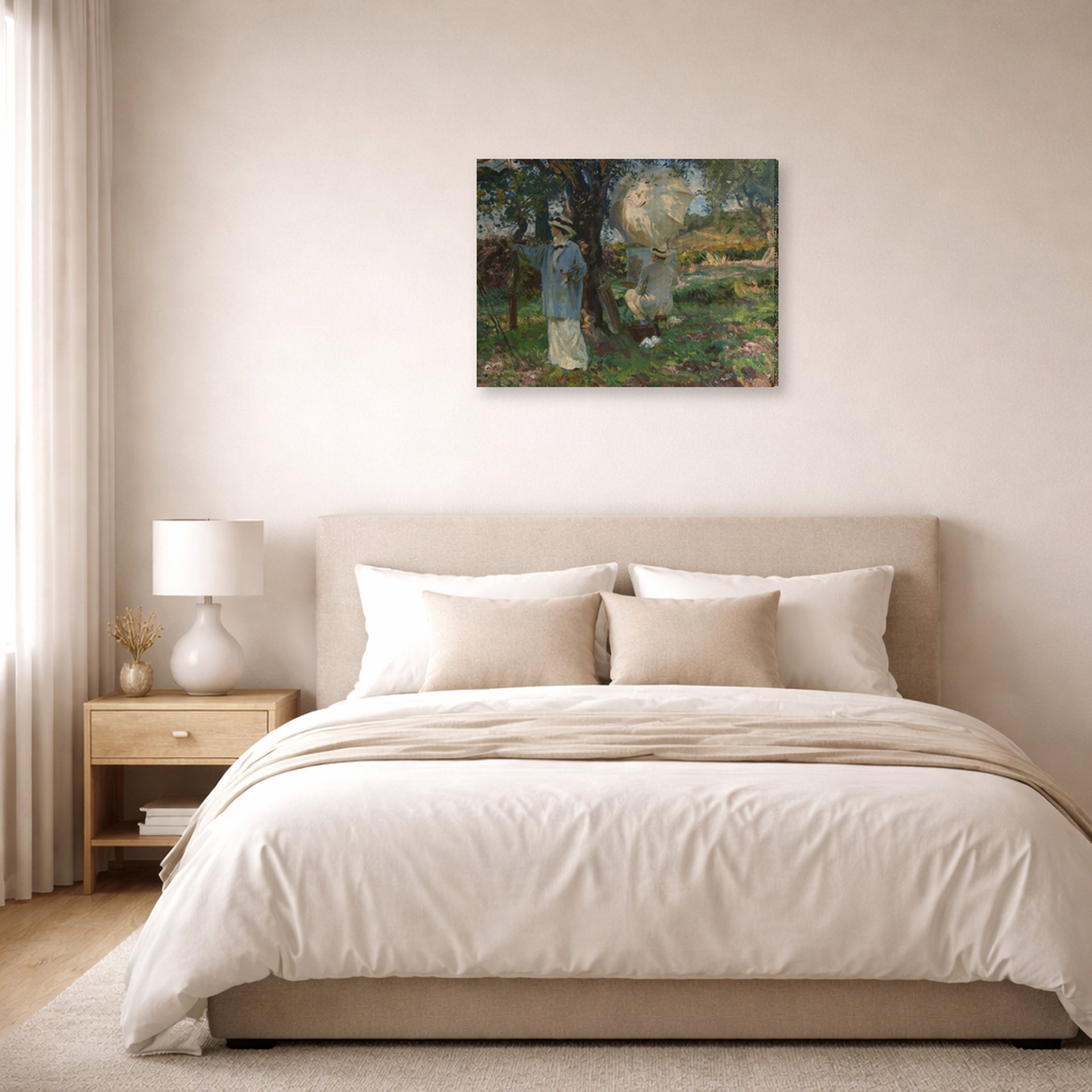 Gallery-wrapped canvas print of John Singer Sargent's The Sketchers displayed on a wall in a bedroom