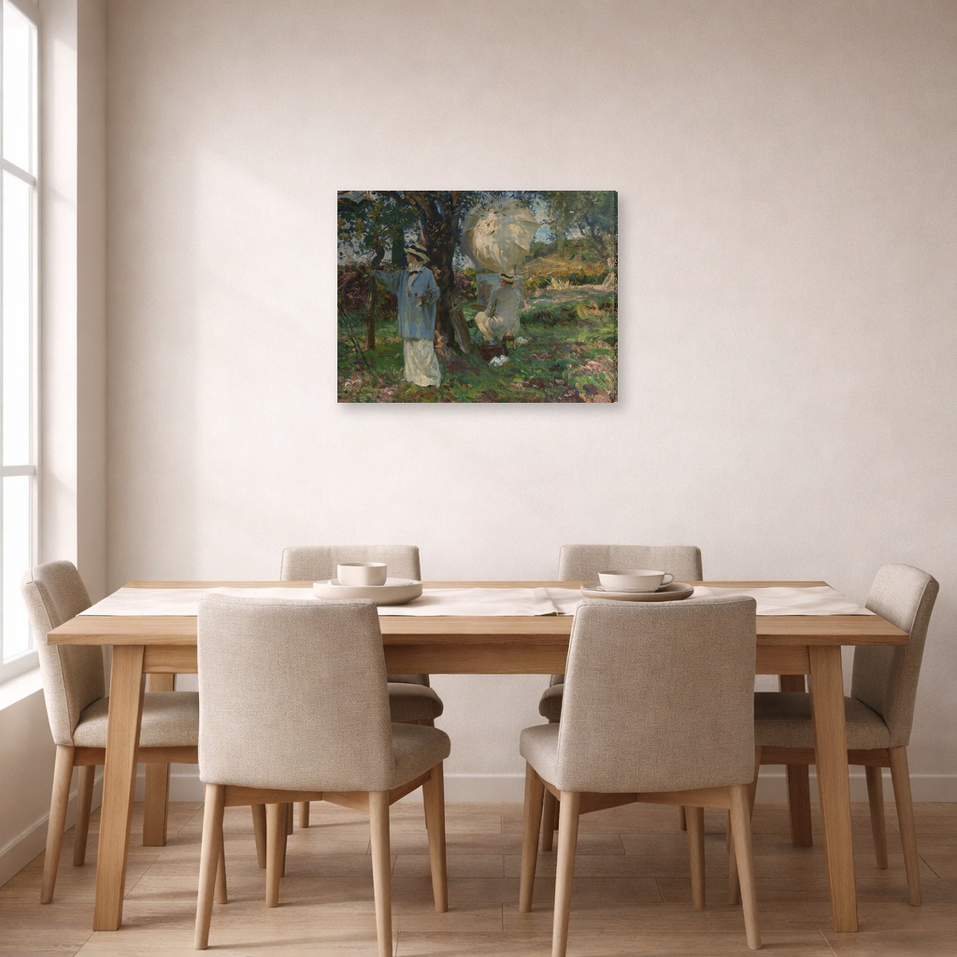 Gallery-wrapped canvas print of John Singer Sargent's The Sketchers displayed on a wall in a dining room