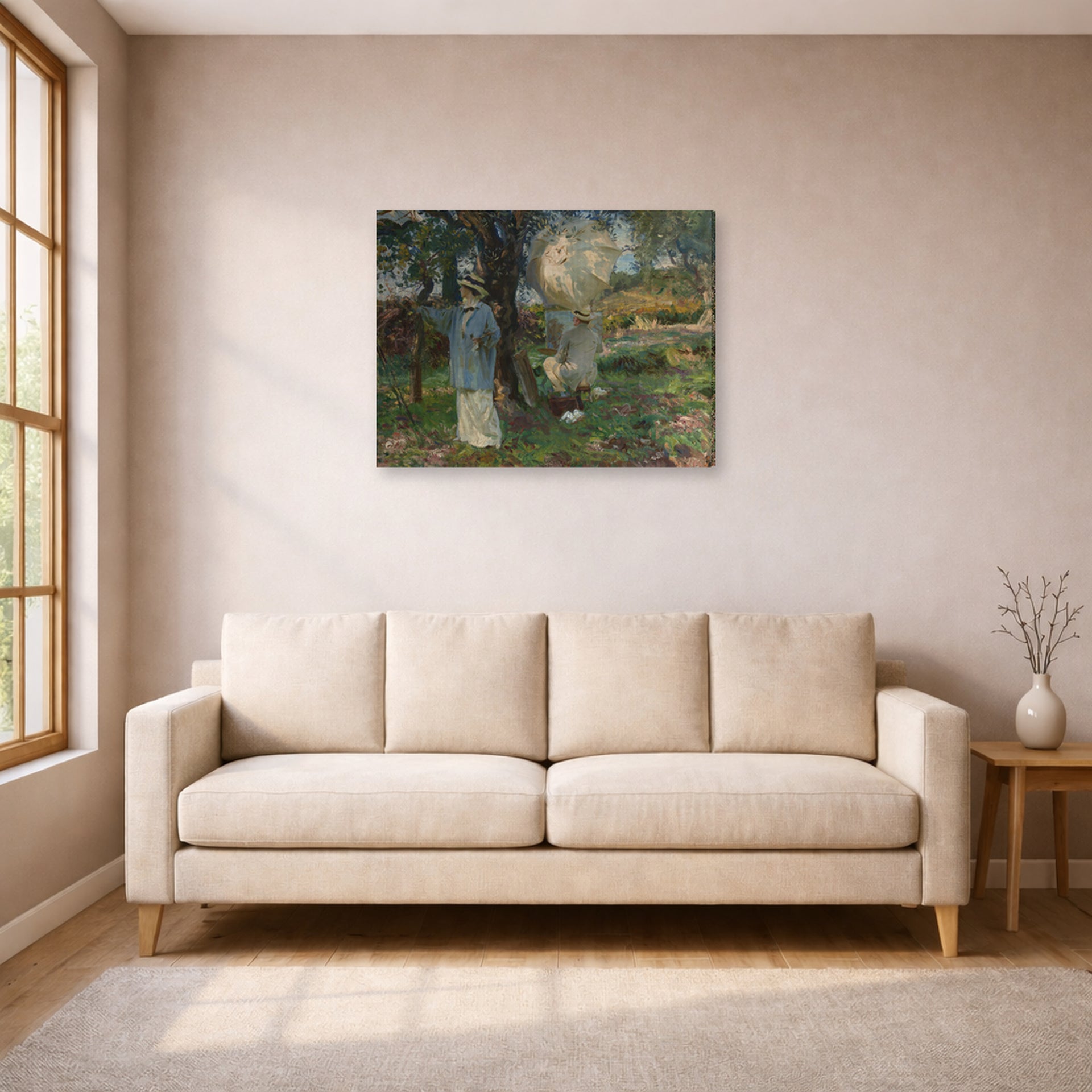 Gallery-wrapped canvas print of John Singer Sargent's The Sketchers displayed on a wall in a living room