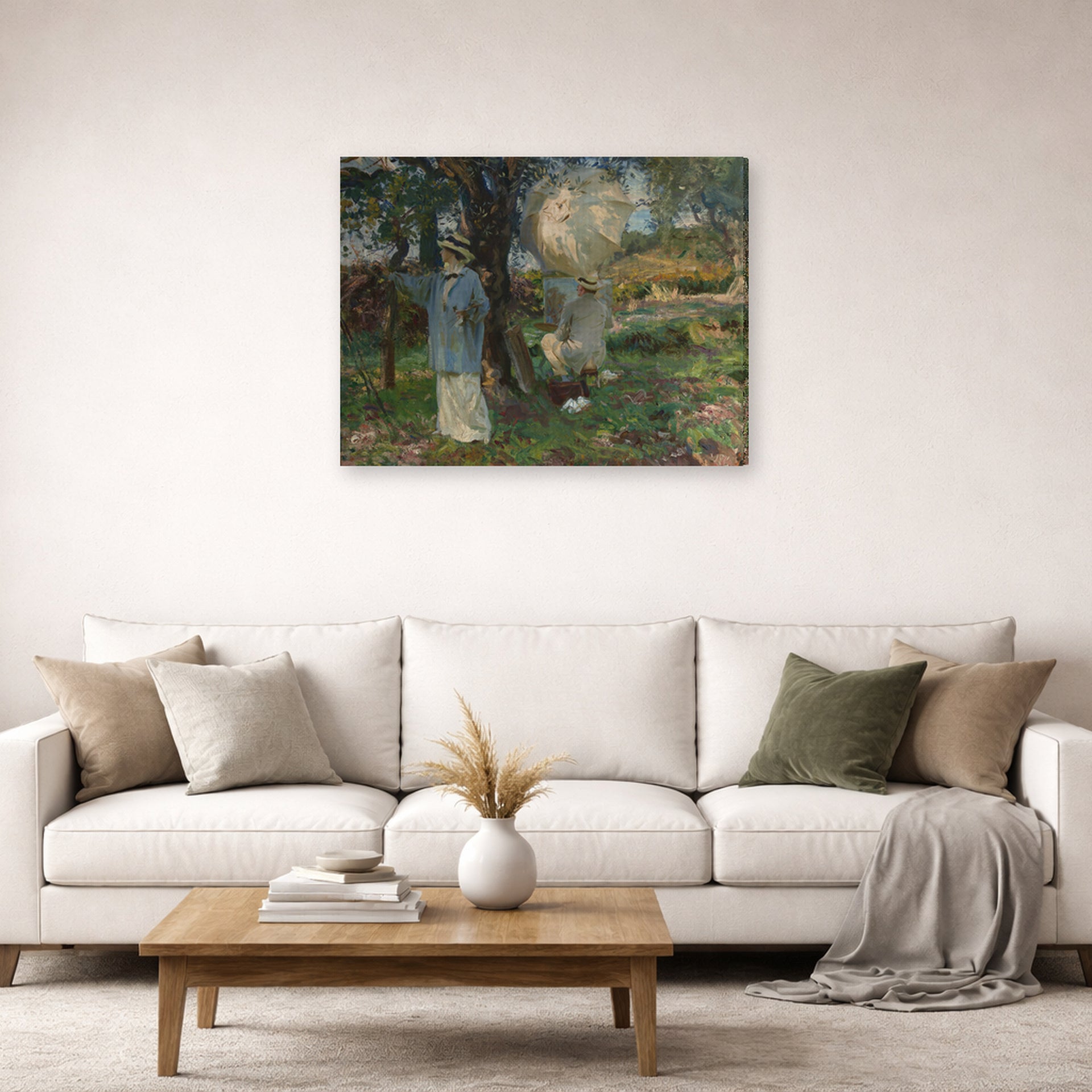 Gallery-wrapped canvas print of John Singer Sargent's The Sketchers displayed on a wall in a living room