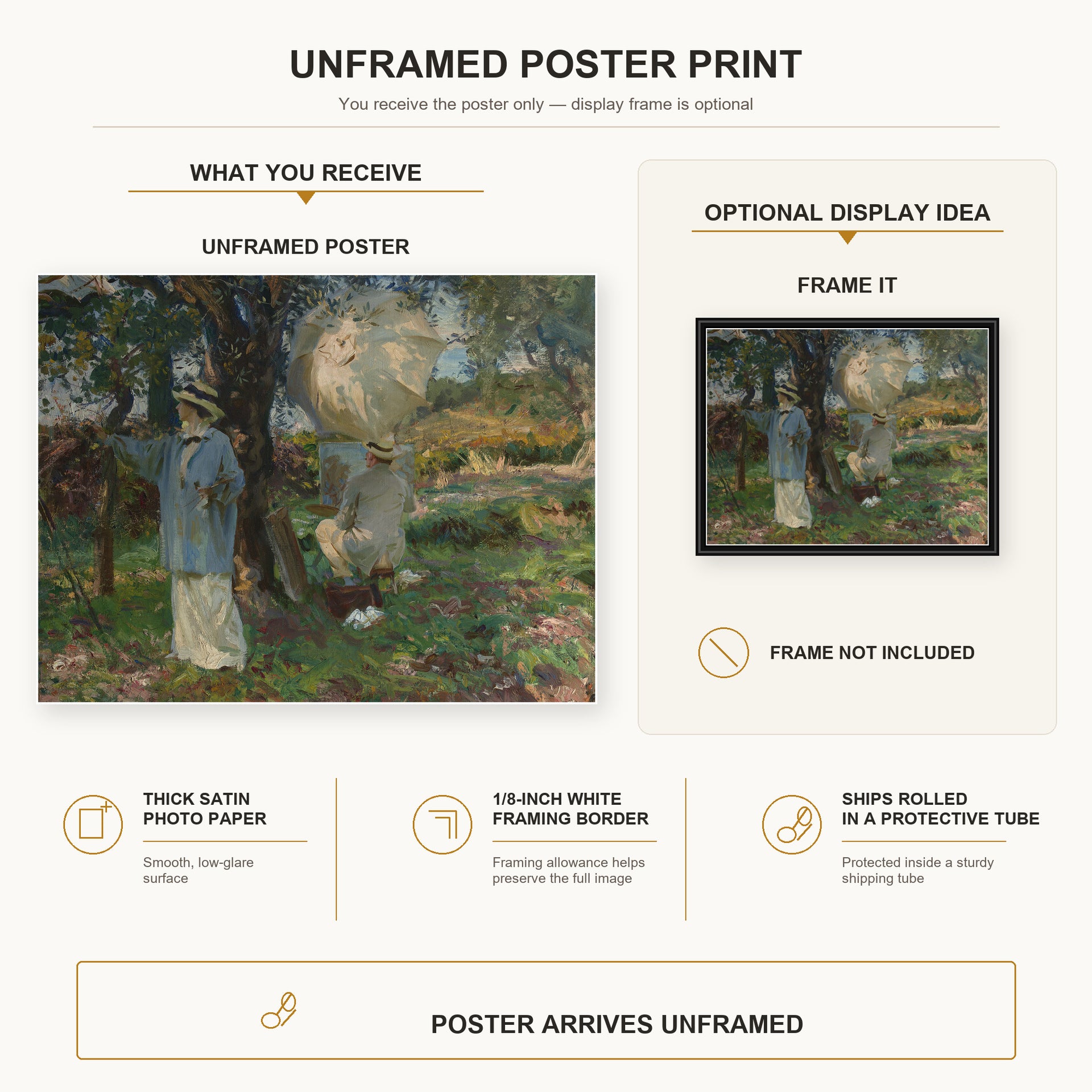 John Singer Sargent - The Sketchers poster print size comparison and framing display infographic