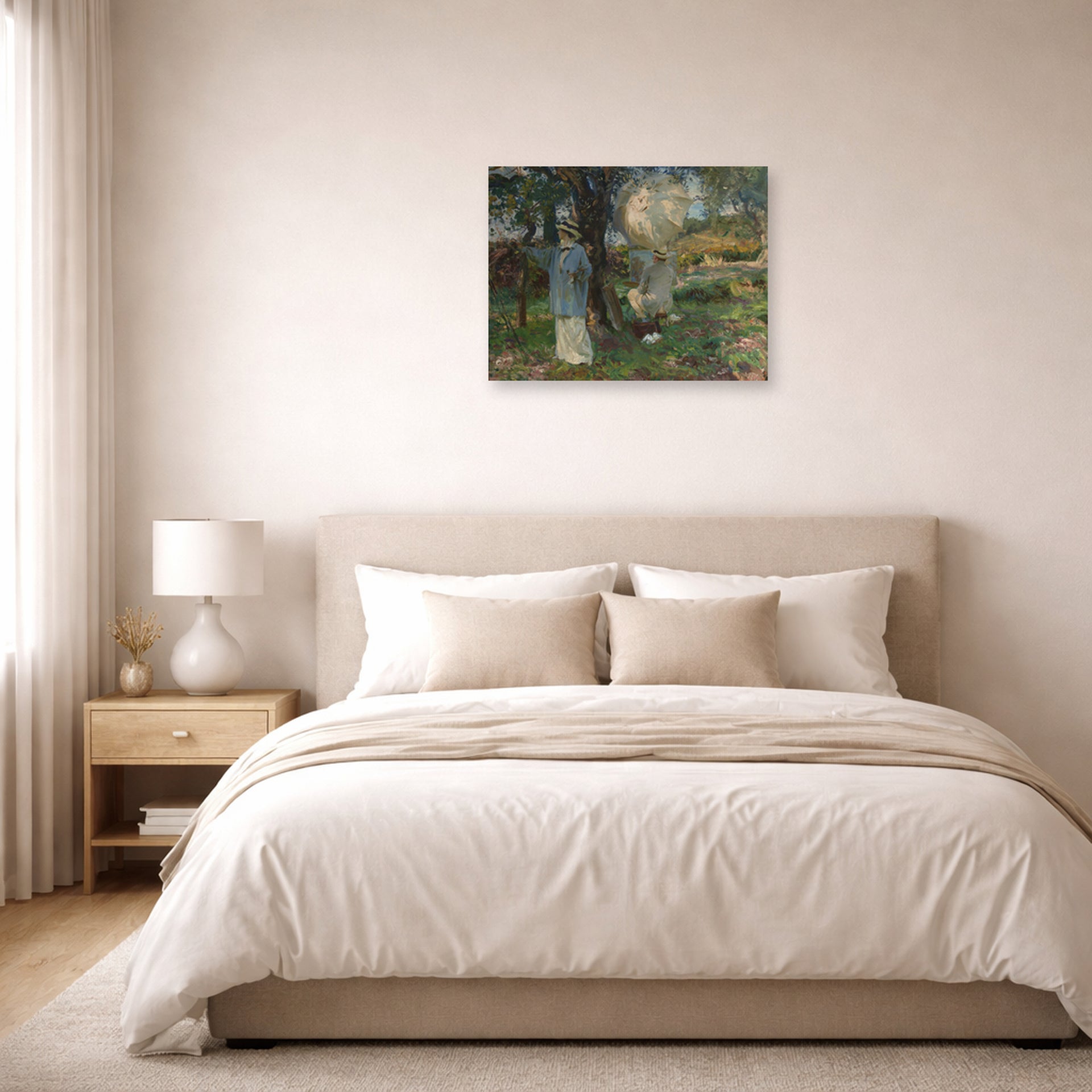 Unframed poster print of John Singer Sargent's The Sketchers displayed on a wall in a bedroom