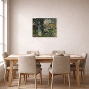 Unframed poster print of John Singer Sargent's The Sketchers displayed on a wall in a dining room