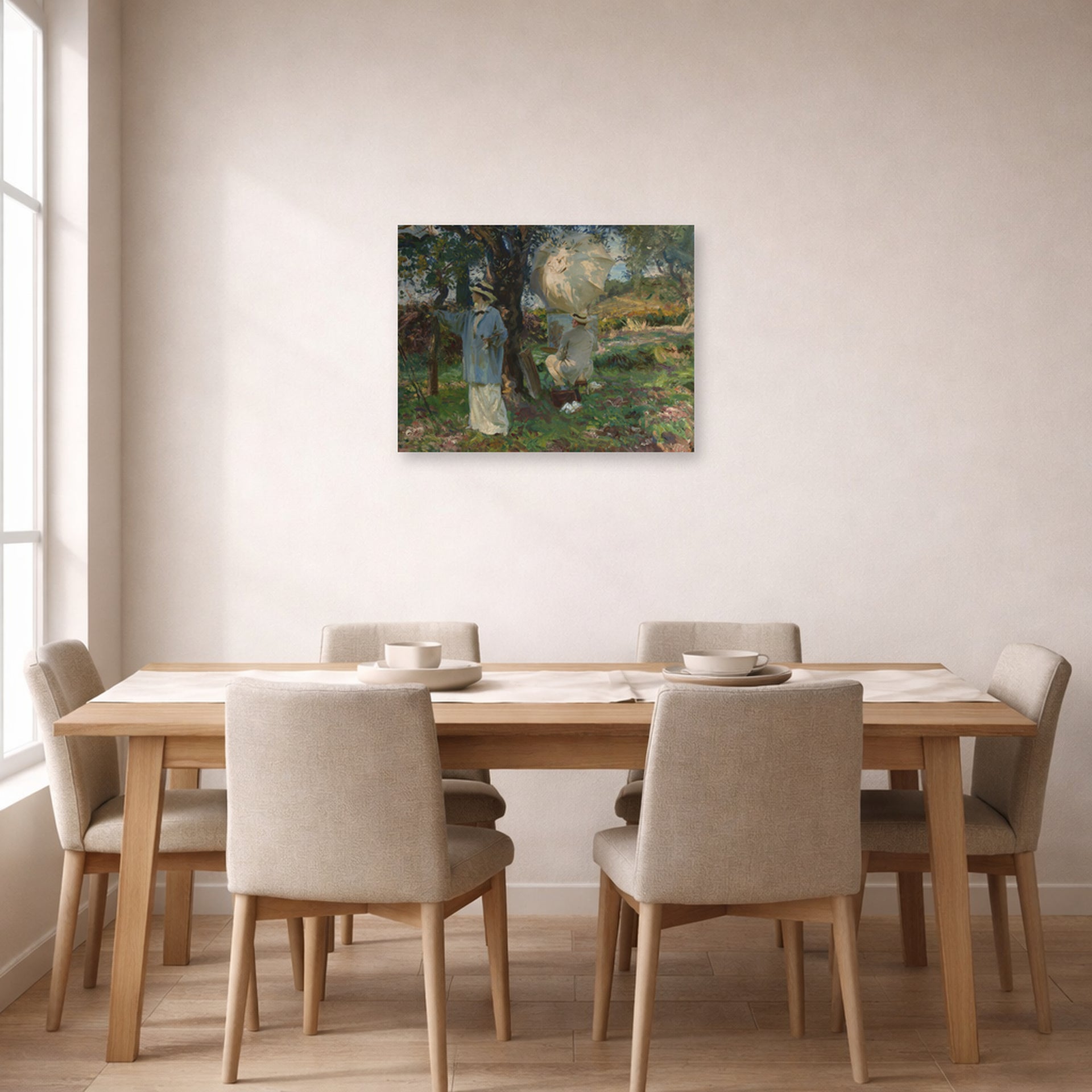 Unframed poster print of John Singer Sargent's The Sketchers displayed on a wall in a dining room