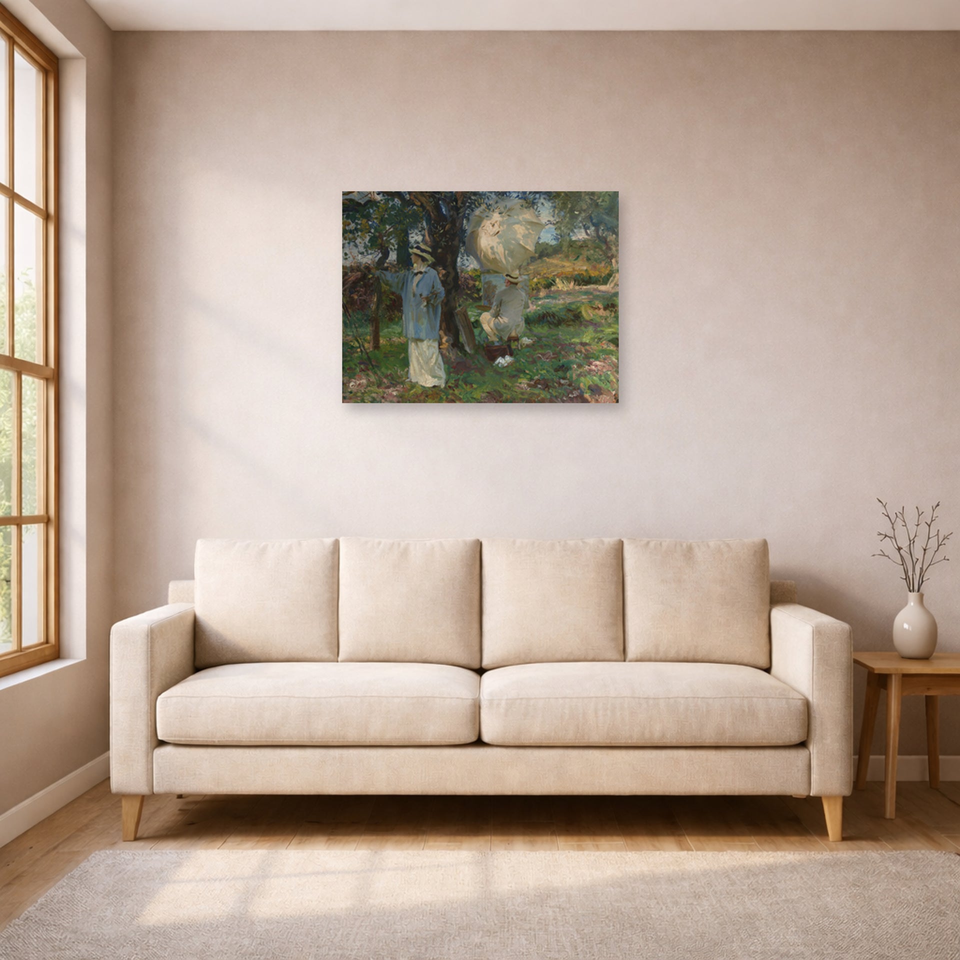 Unframed poster print of John Singer Sargent's The Sketchers displayed on a wall in a living room