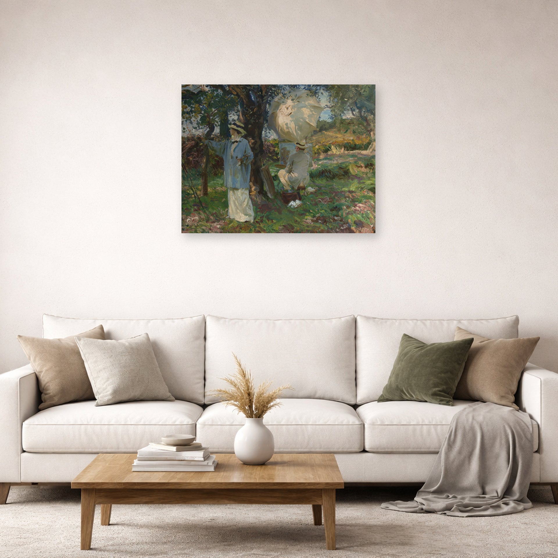 Unframed poster print of John Singer Sargent's The Sketchers displayed on a wall in a living room