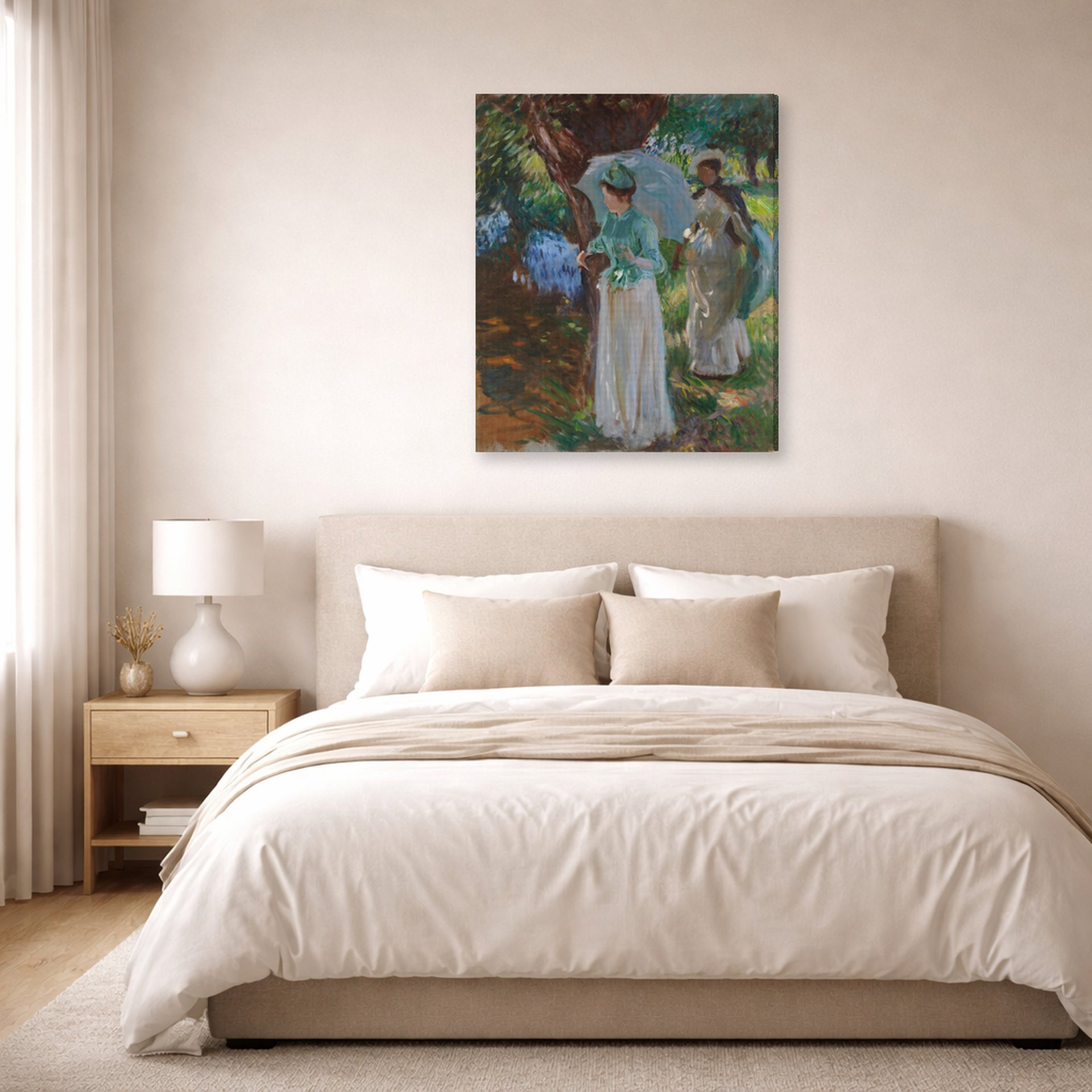 Gallery-wrapped canvas print of John Singer Sargent's Two Girls with Parasols displayed on a wall in a bedroom