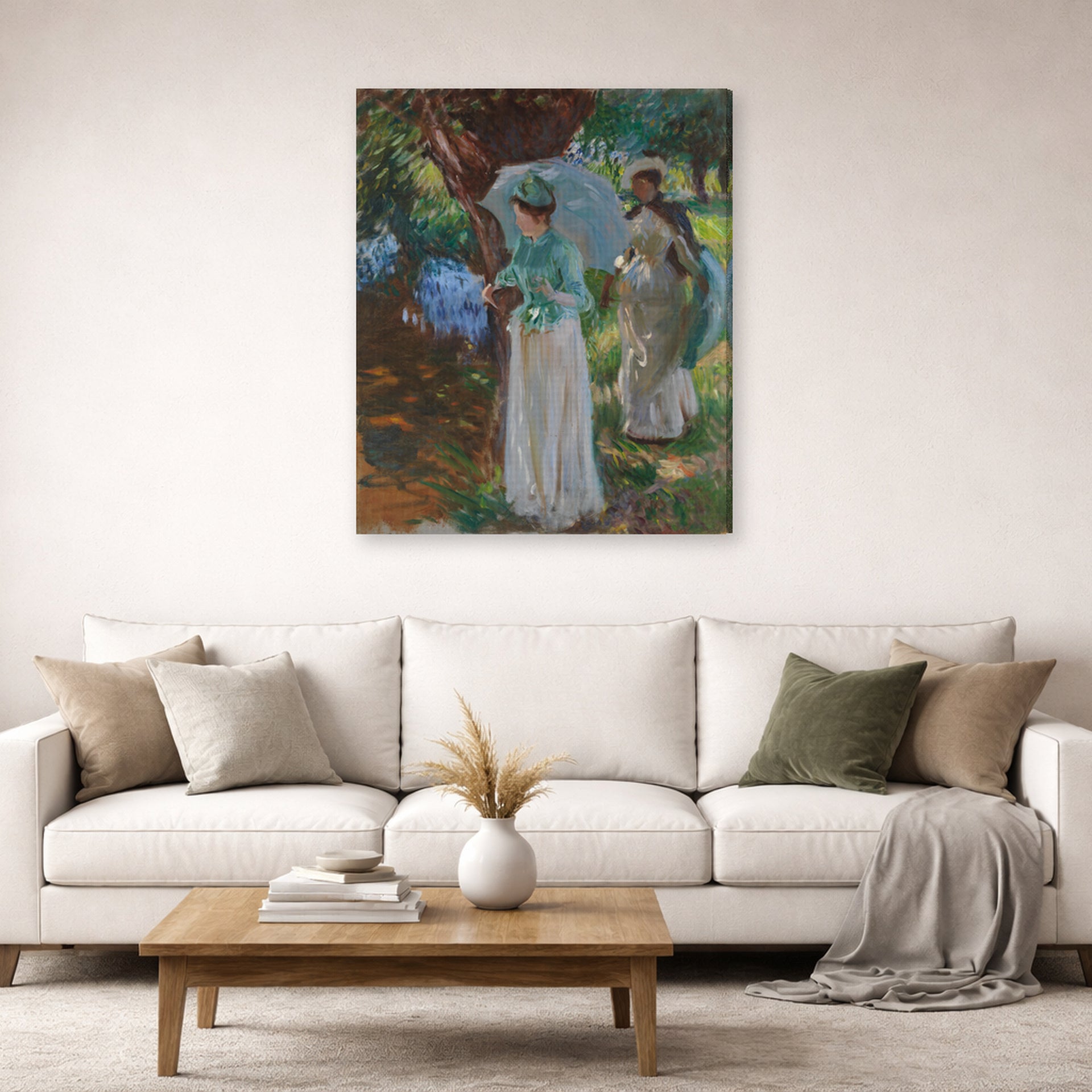 Gallery-wrapped canvas print of John Singer Sargent's Two Girls with Parasols displayed on a wall in a living room