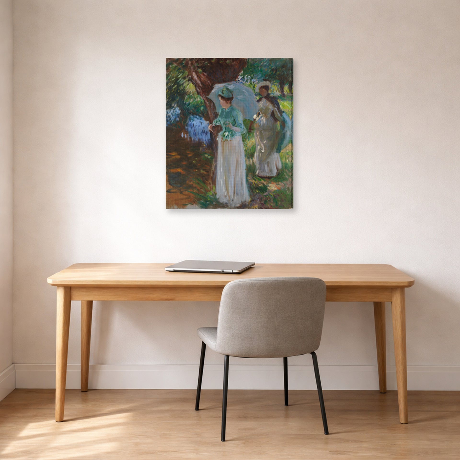 Gallery-wrapped canvas print of John Singer Sargent's Two Girls with Parasols displayed on a wall in an office