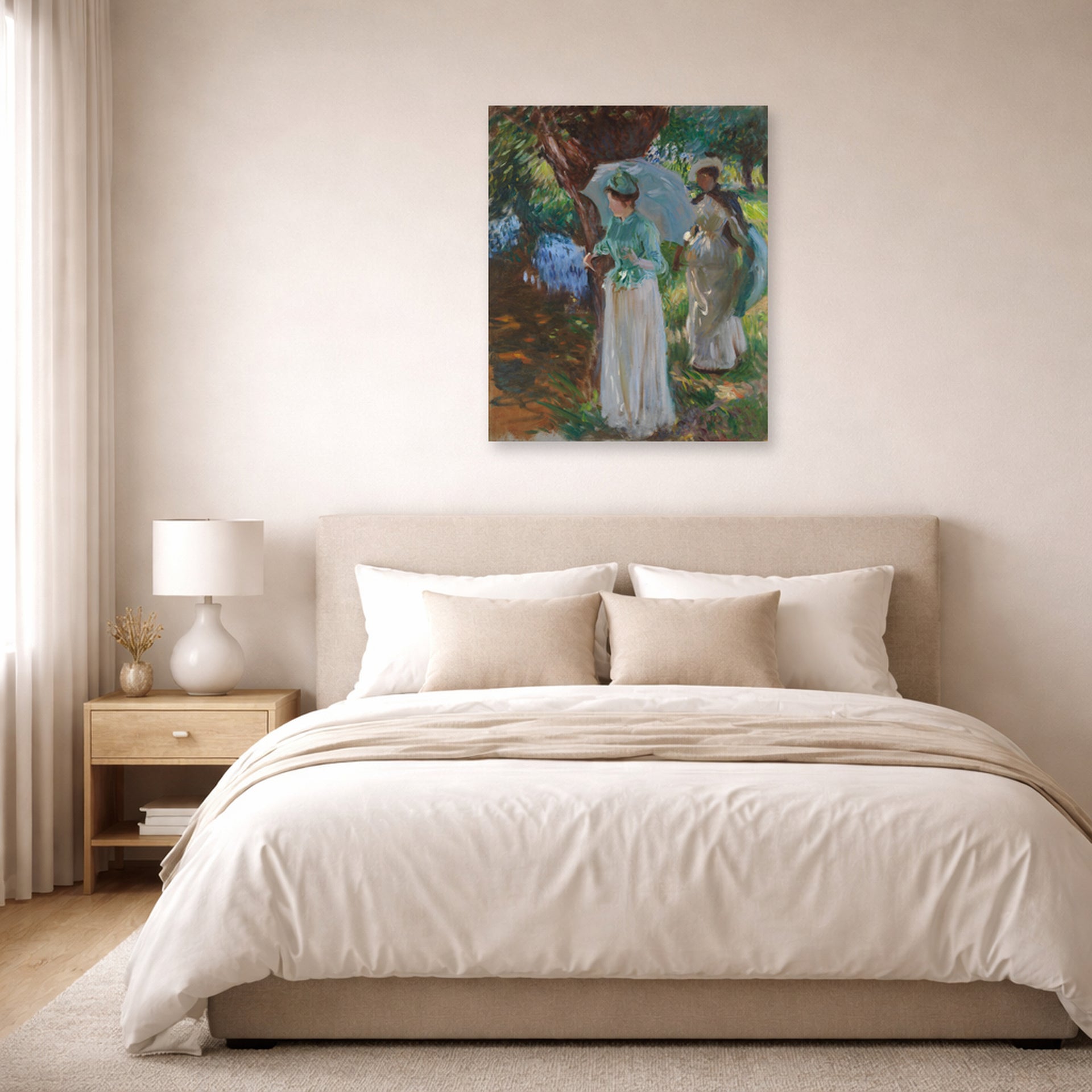 Unframed poster print of John Singer Sargent's Two Girls with Parasols displayed on a wall in a bedroom