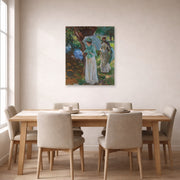 Unframed poster print of John Singer Sargent's Two Girls with Parasols displayed on a wall in a dining room