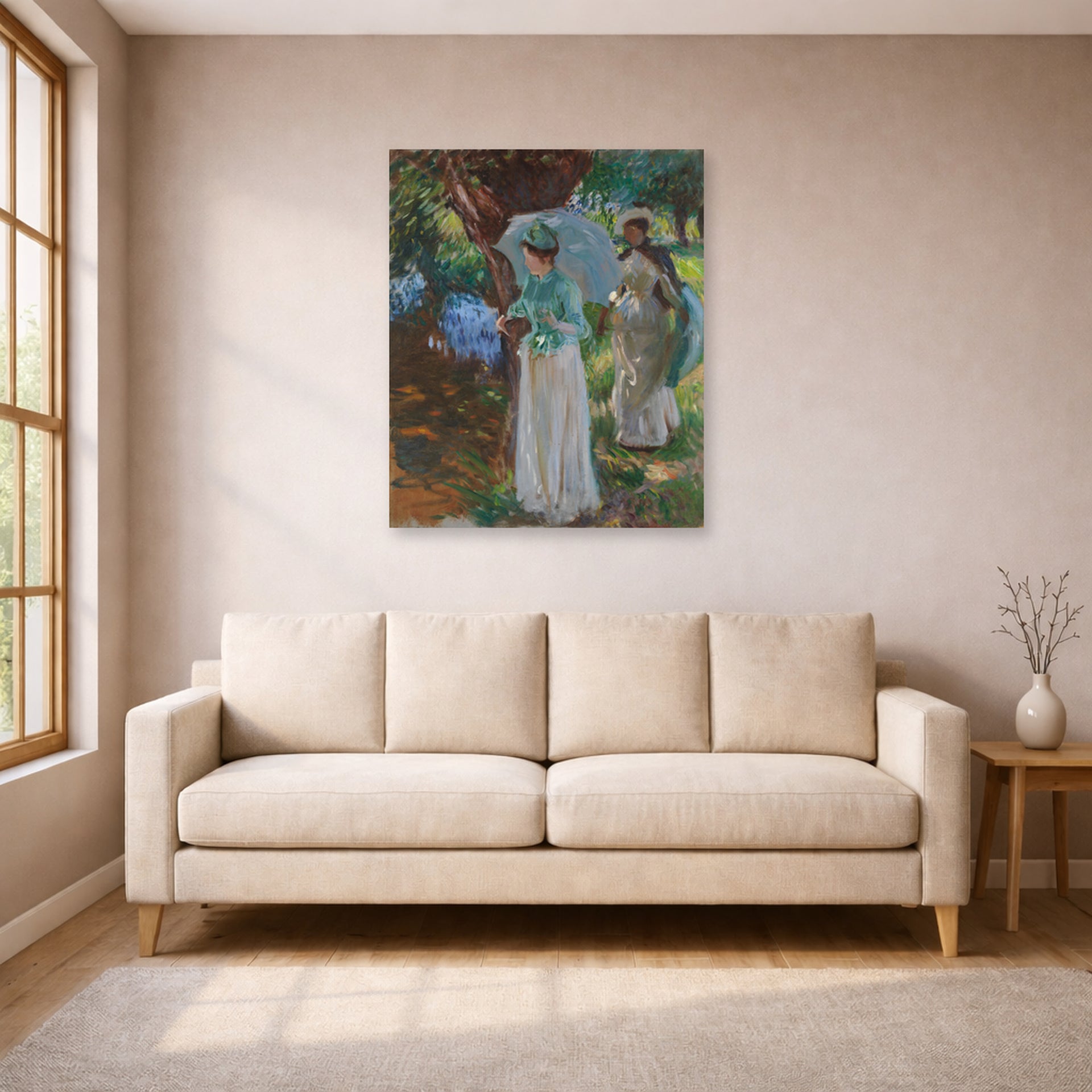 Unframed poster print of John Singer Sargent's Two Girls with Parasols displayed on a wall in a living room
