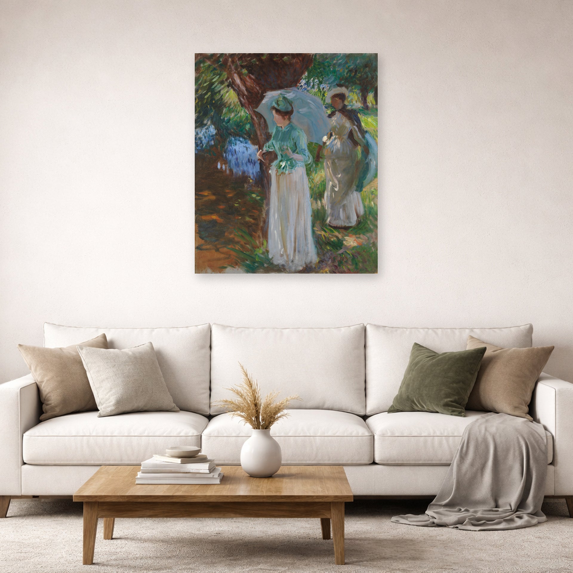 Unframed poster print of John Singer Sargent's Two Girls with Parasols displayed on a wall in a living room