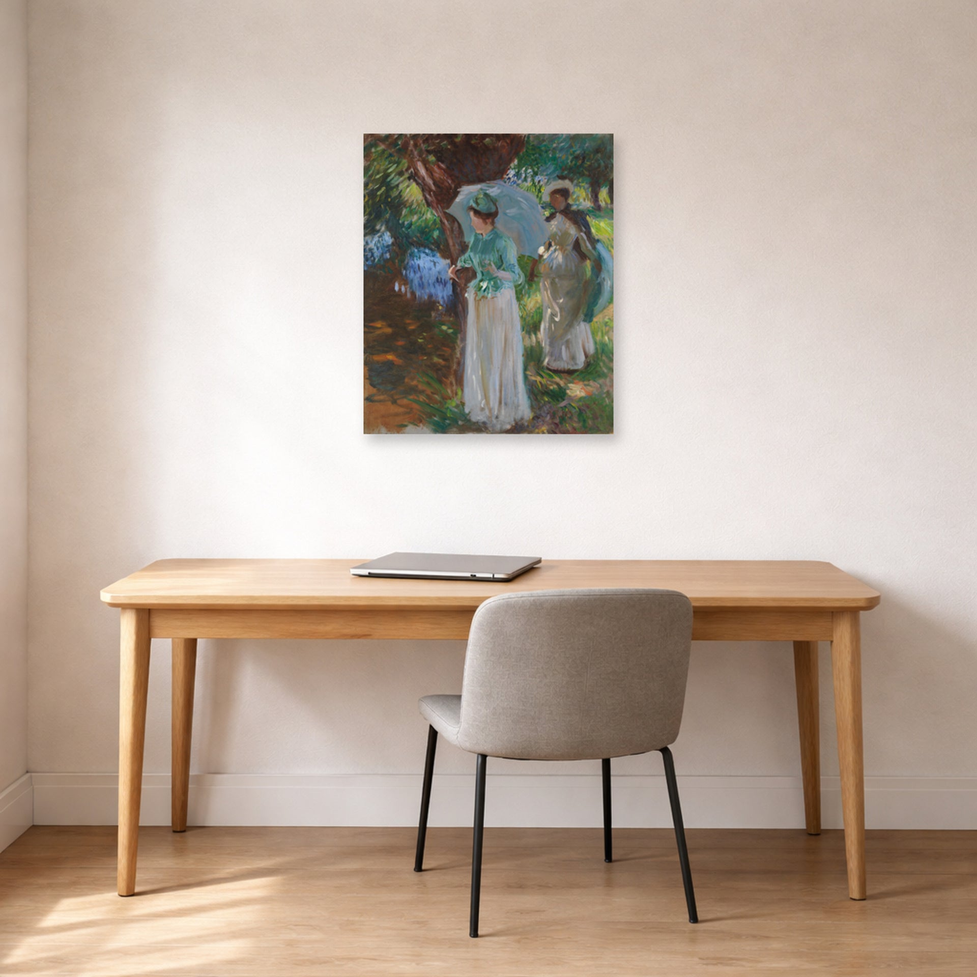 Unframed poster print of John Singer Sargent's Two Girls with Parasols displayed on a wall in an office