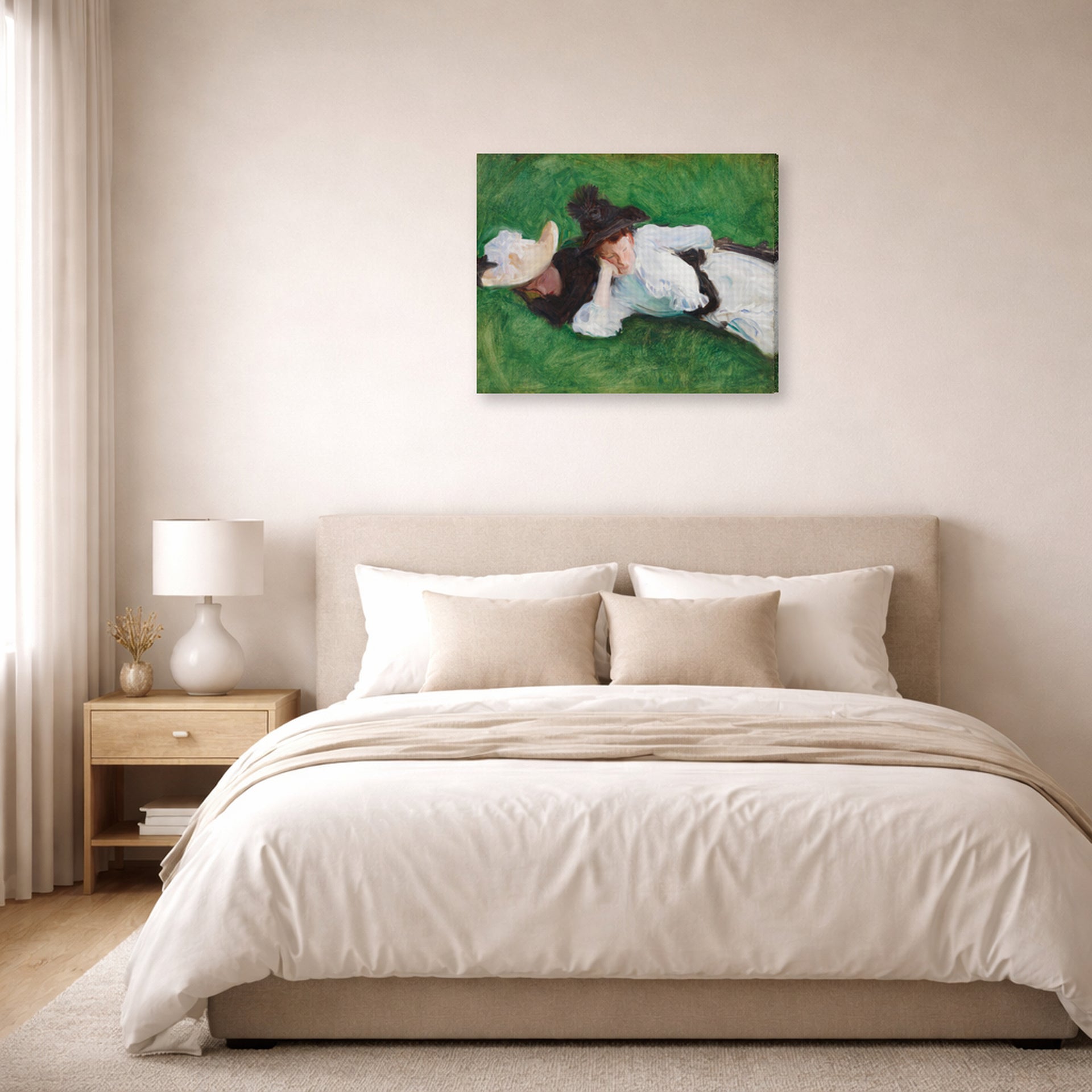 Gallery-wrapped canvas print of John Singer Sargent's Two Girls on a Lawn displayed on a wall in a bedroom