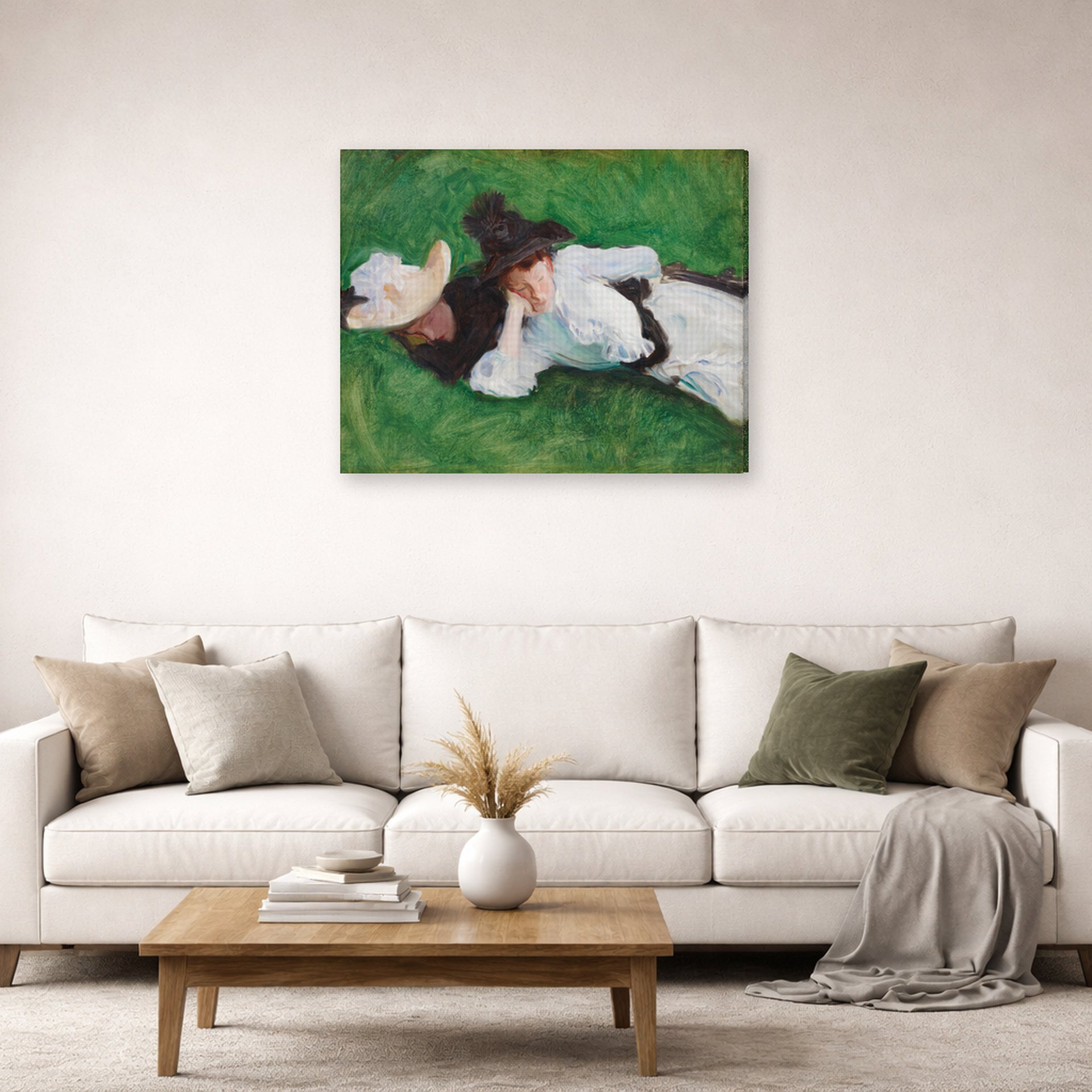 Gallery-wrapped canvas print of John Singer Sargent's Two Girls on a Lawn displayed on a wall in a living room
