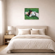 Unframed poster print of John Singer Sargent's Two Girls on a Lawn displayed on a wall in a bedroom
