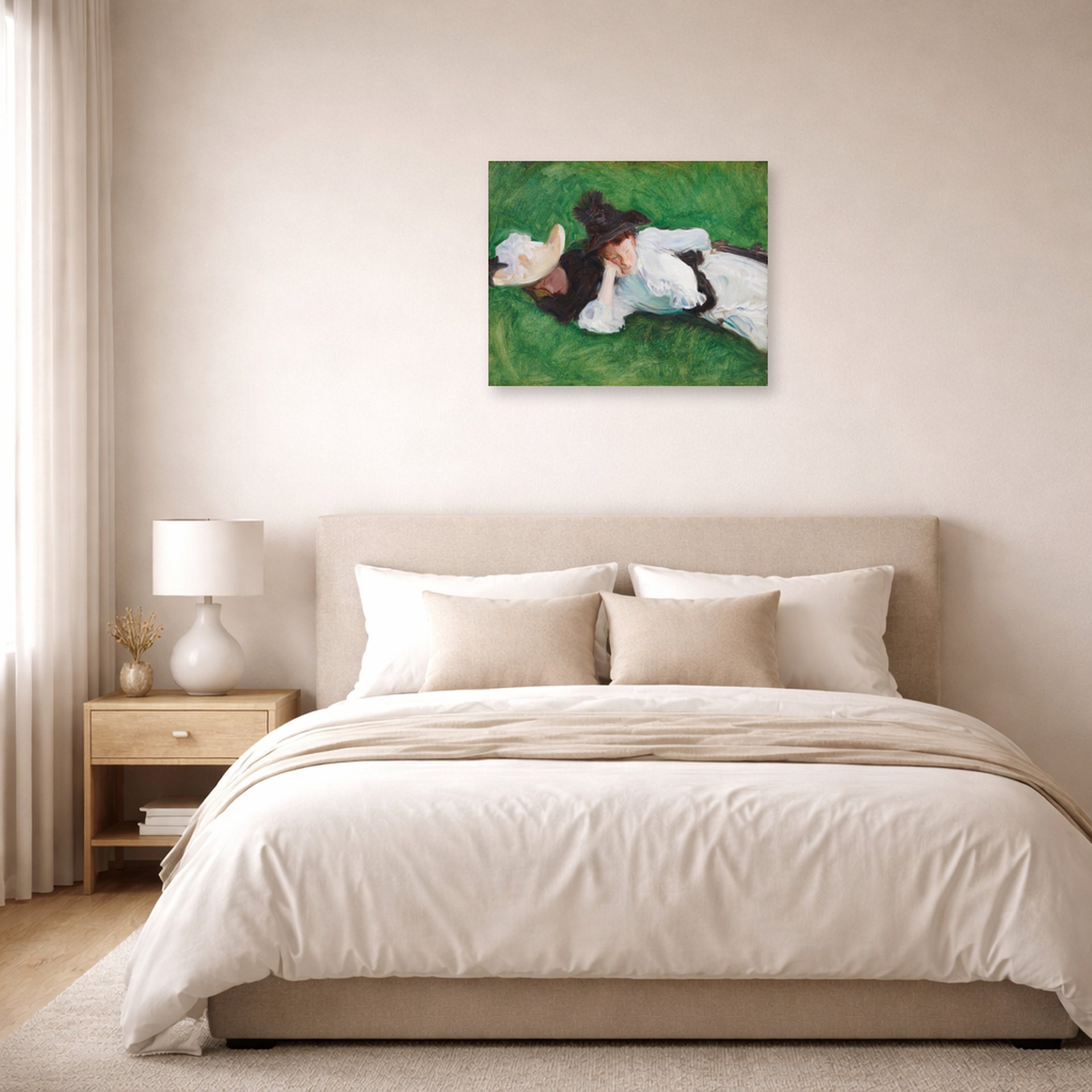 Unframed poster print of John Singer Sargent's Two Girls on a Lawn displayed on a wall in a bedroom