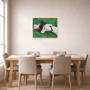 Unframed poster print of John Singer Sargent's Two Girls on a Lawn displayed on a wall in a dining room