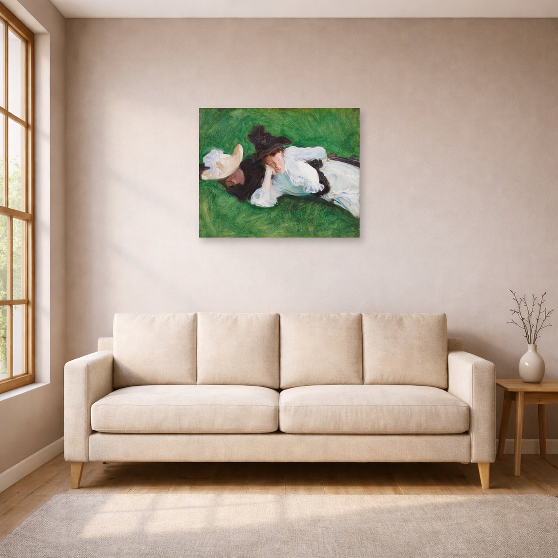 Unframed poster print of John Singer Sargent's Two Girls on a Lawn displayed on a wall in a living room