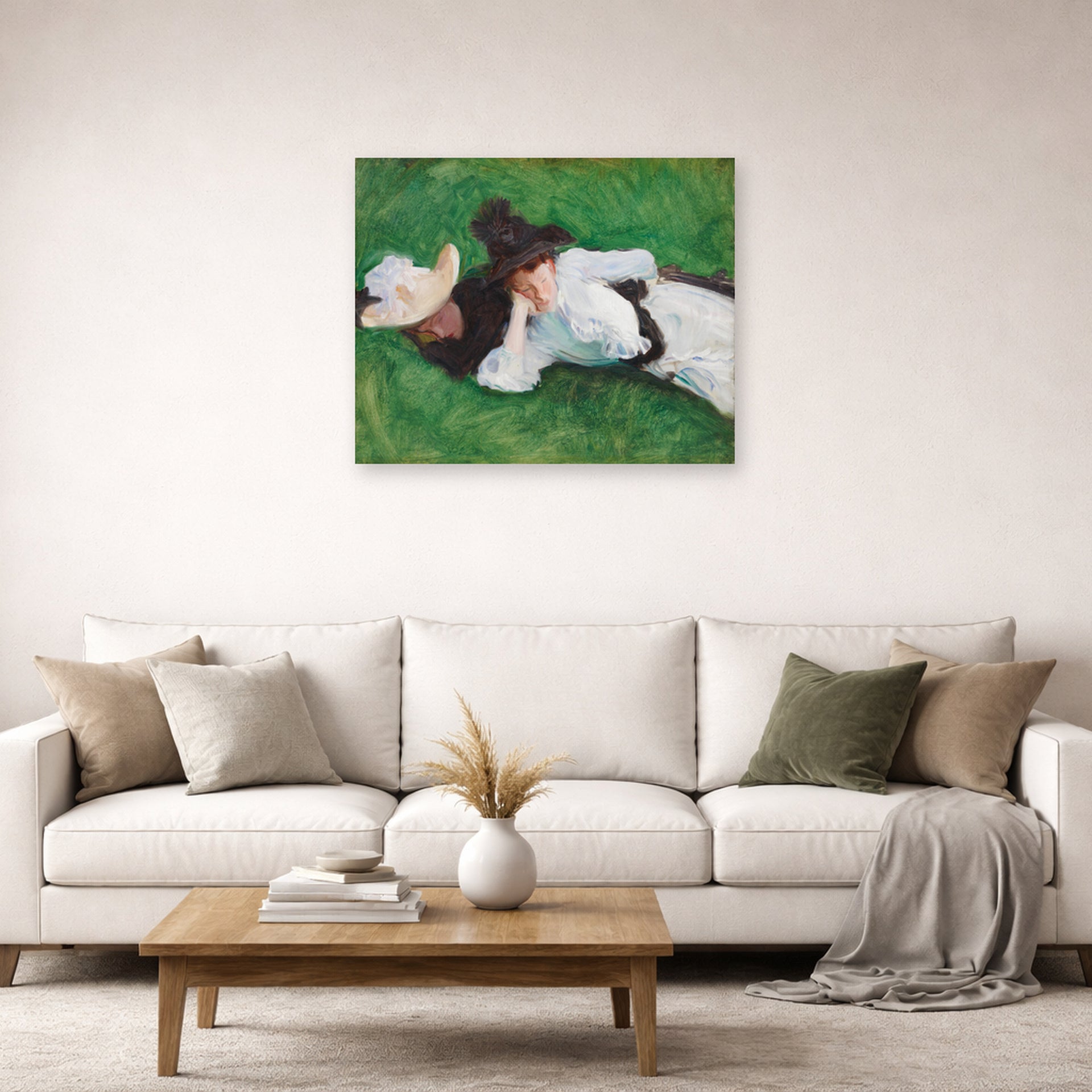 Unframed poster print of John Singer Sargent's Two Girls on a Lawn displayed on a wall in a living room