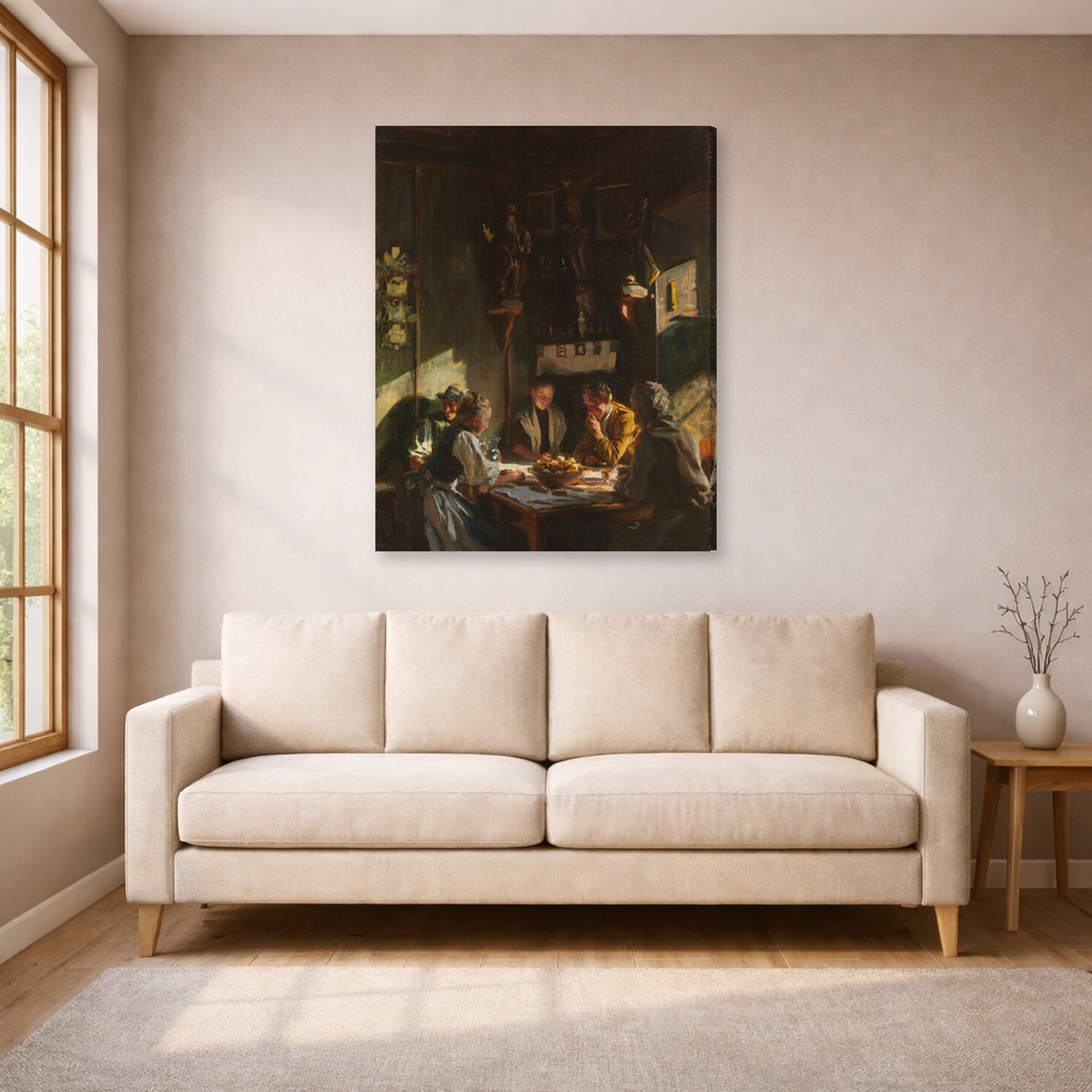 Gallery-wrapped canvas print of John Singer Sargent's Tyrolese Interior displayed on a wall in a living room