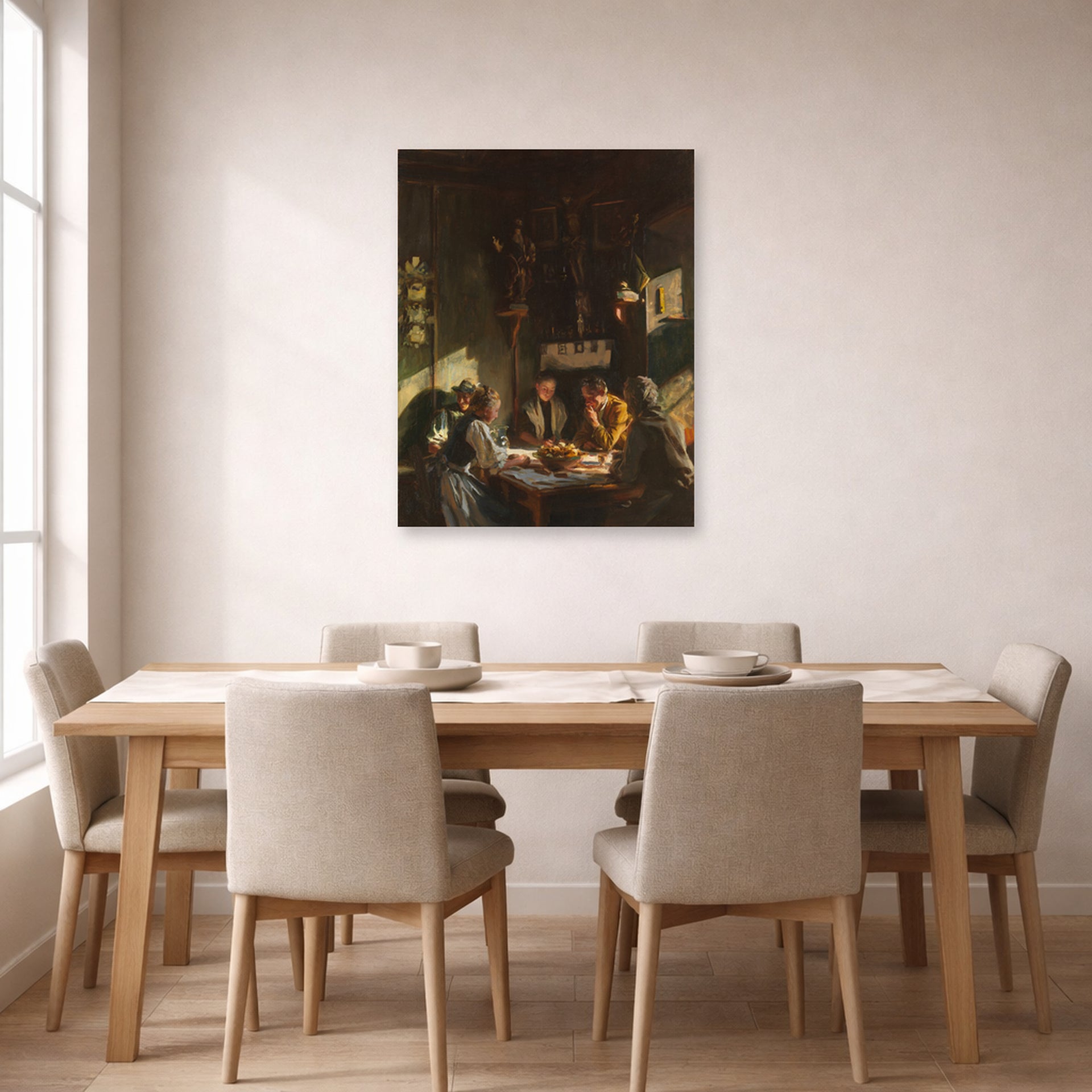 Unframed poster print of John Singer Sargent's Tyrolese Interior displayed on a wall in a dining room