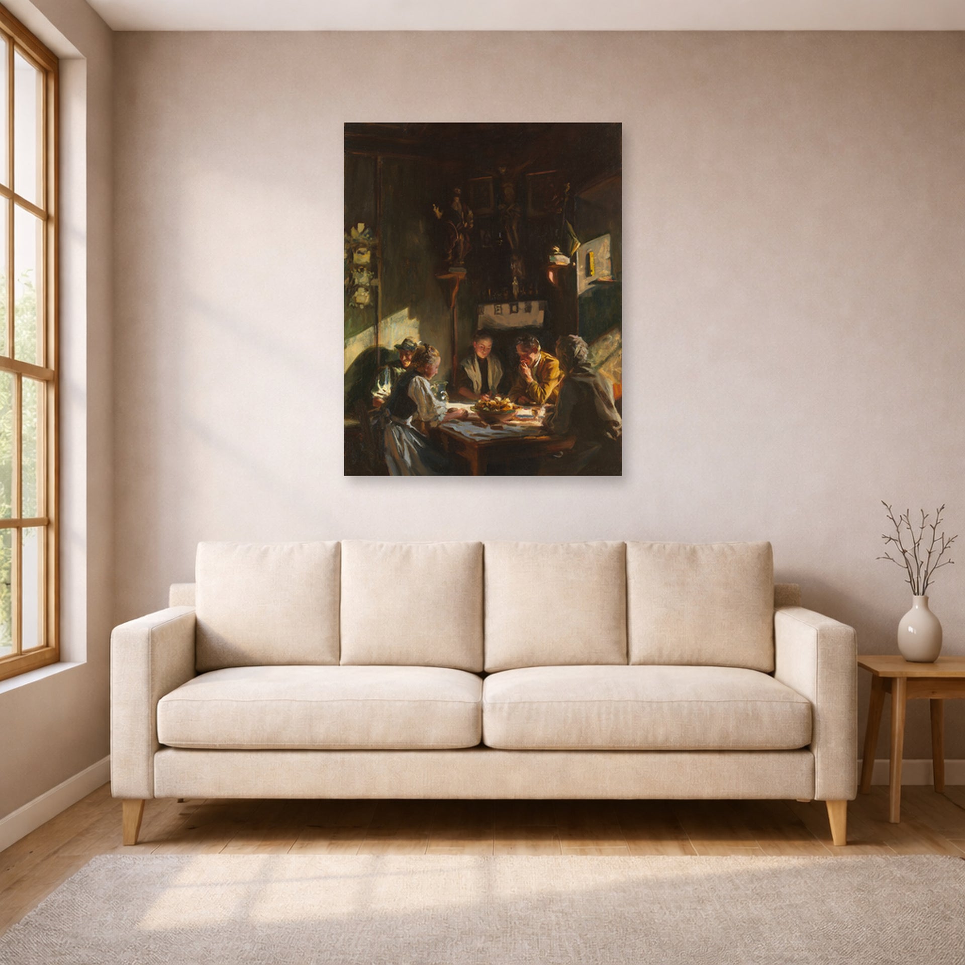 Unframed poster print of John Singer Sargent's Tyrolese Interior displayed on a wall in a living room