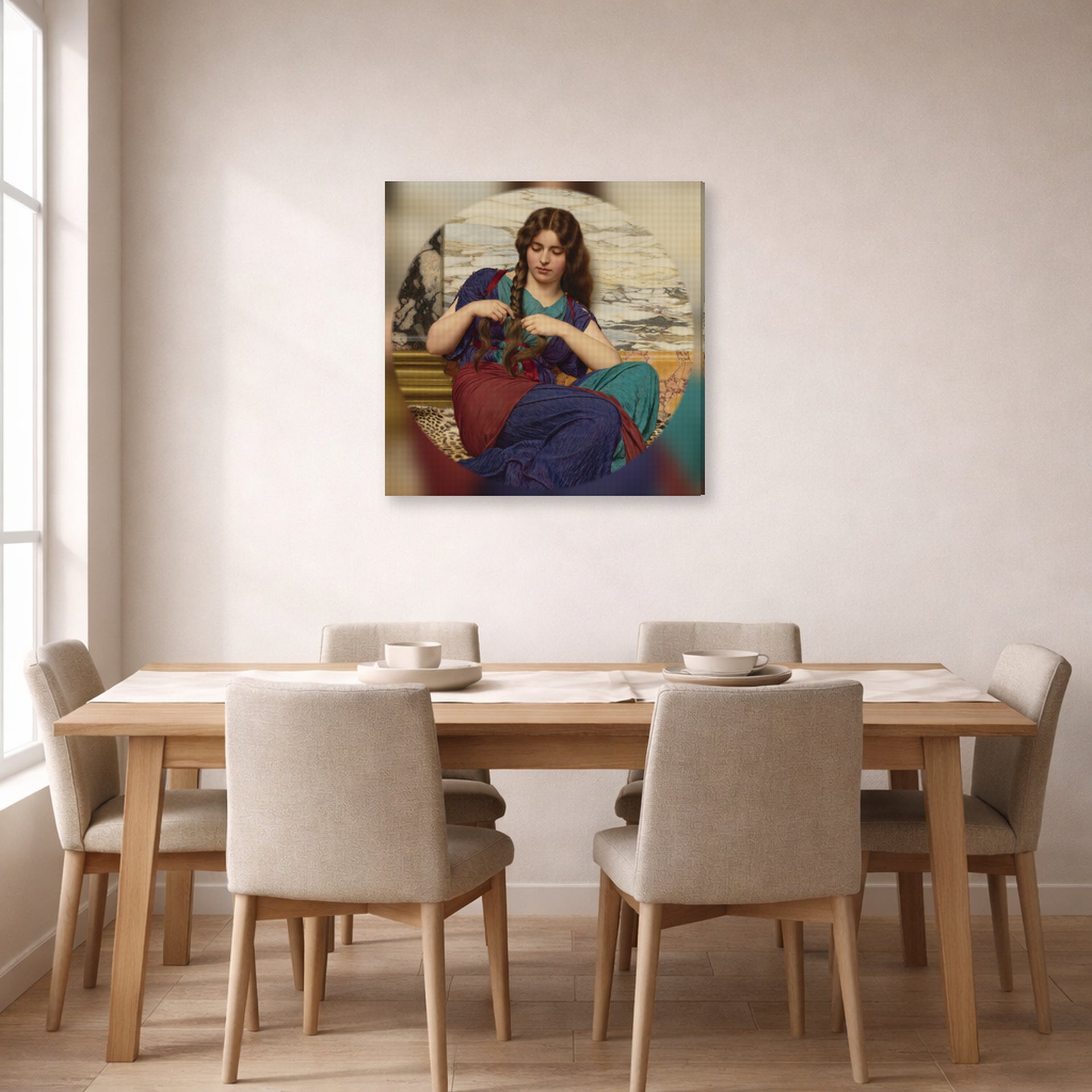 Gallery-wrapped canvas print of John William Godward's A Congenial Task displayed on a wall in a dining room