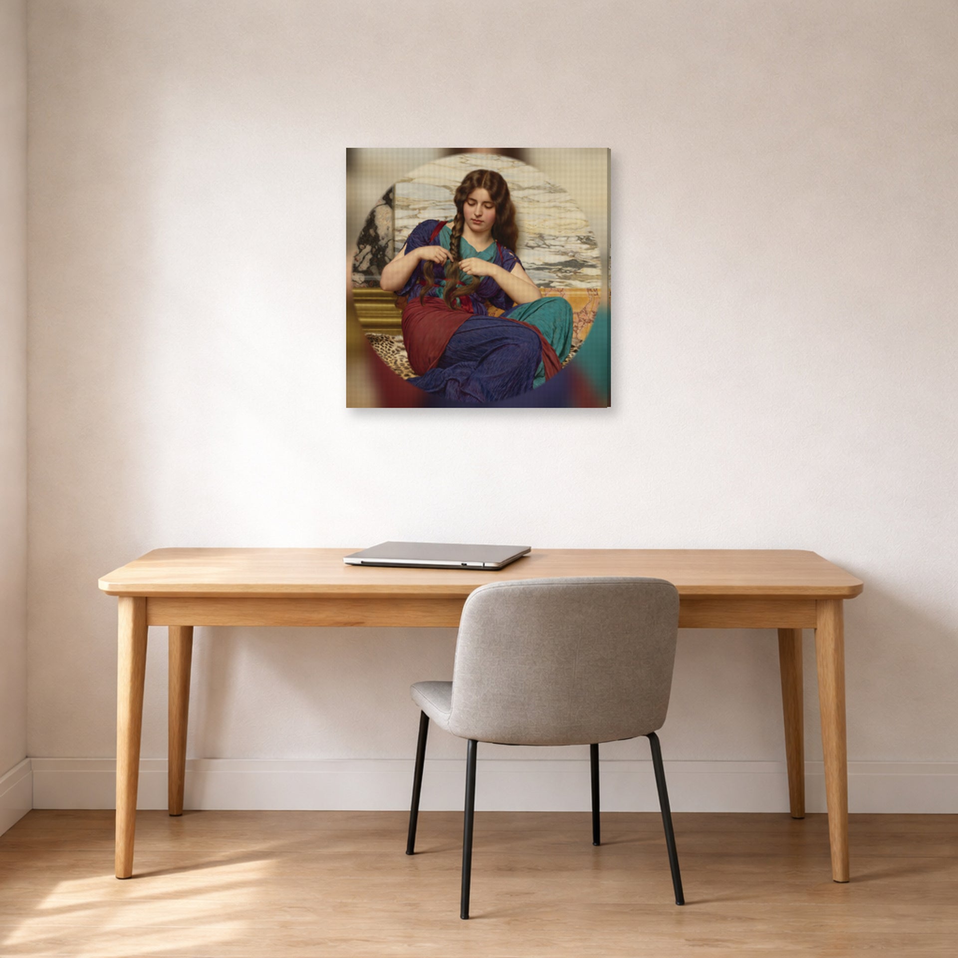 Gallery-wrapped canvas print of John William Godward's A Congenial Task displayed on a wall in an office