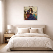 Unframed poster print of John William Godward's A Congenial Task displayed on a wall in a bedroom