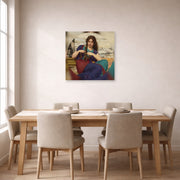 Unframed poster print of John William Godward's A Congenial Task displayed on a wall in a dining room