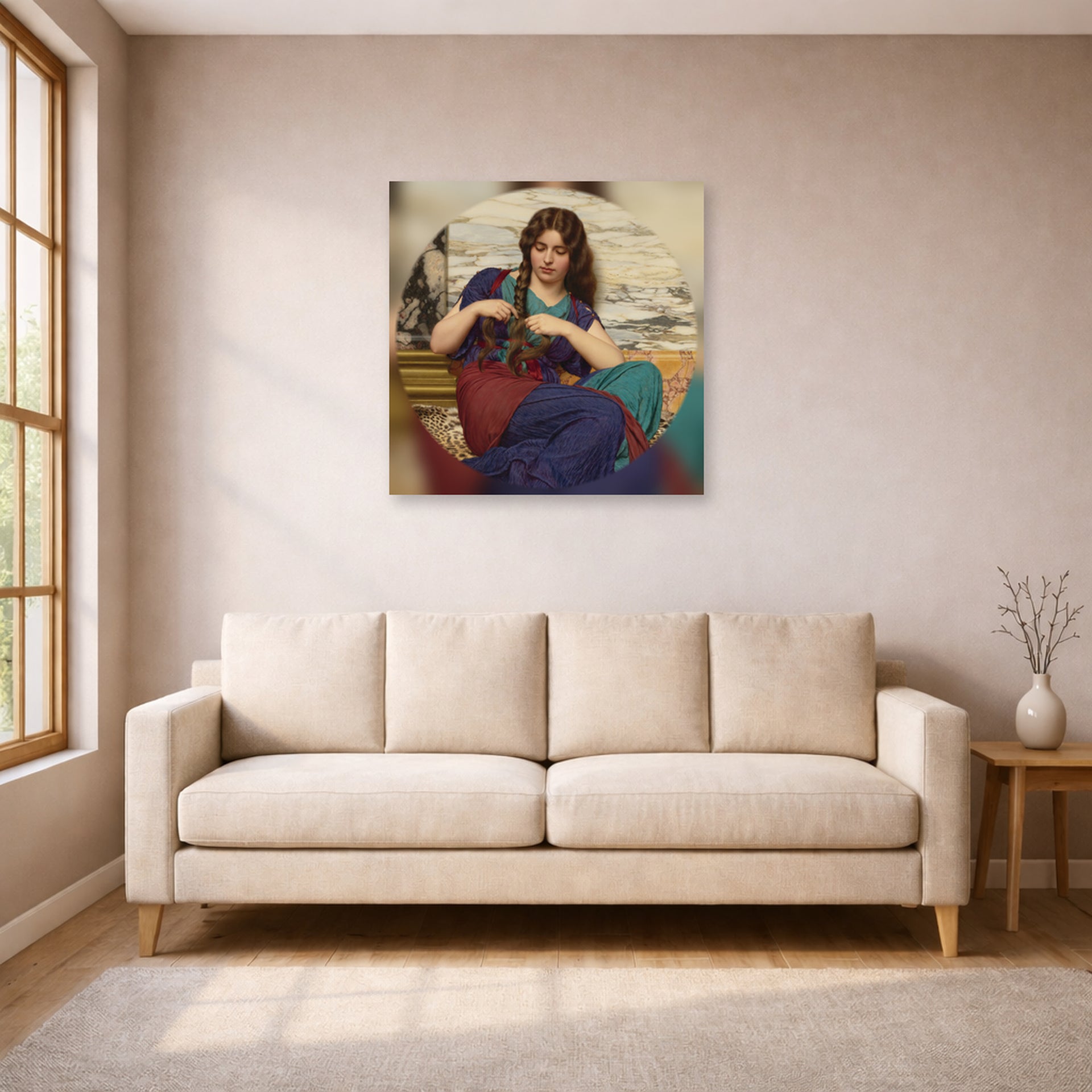 Unframed poster print of John William Godward's A Congenial Task displayed on a wall in a living room