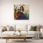 Unframed poster print of John William Godward's A Congenial Task displayed on a wall in a living room