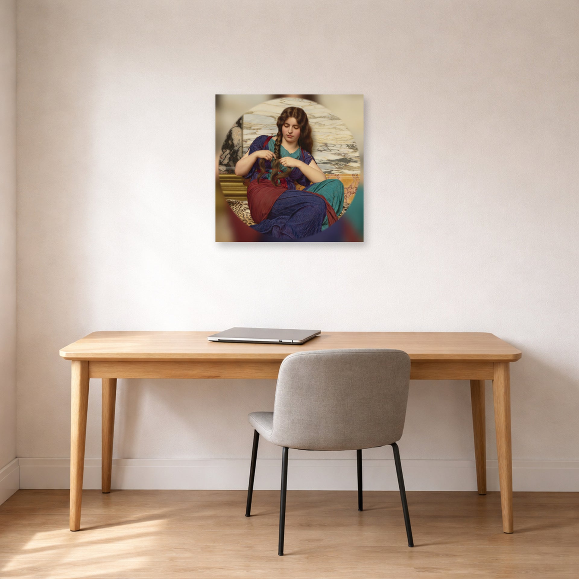Unframed poster print of John William Godward's A Congenial Task displayed on a wall in an office