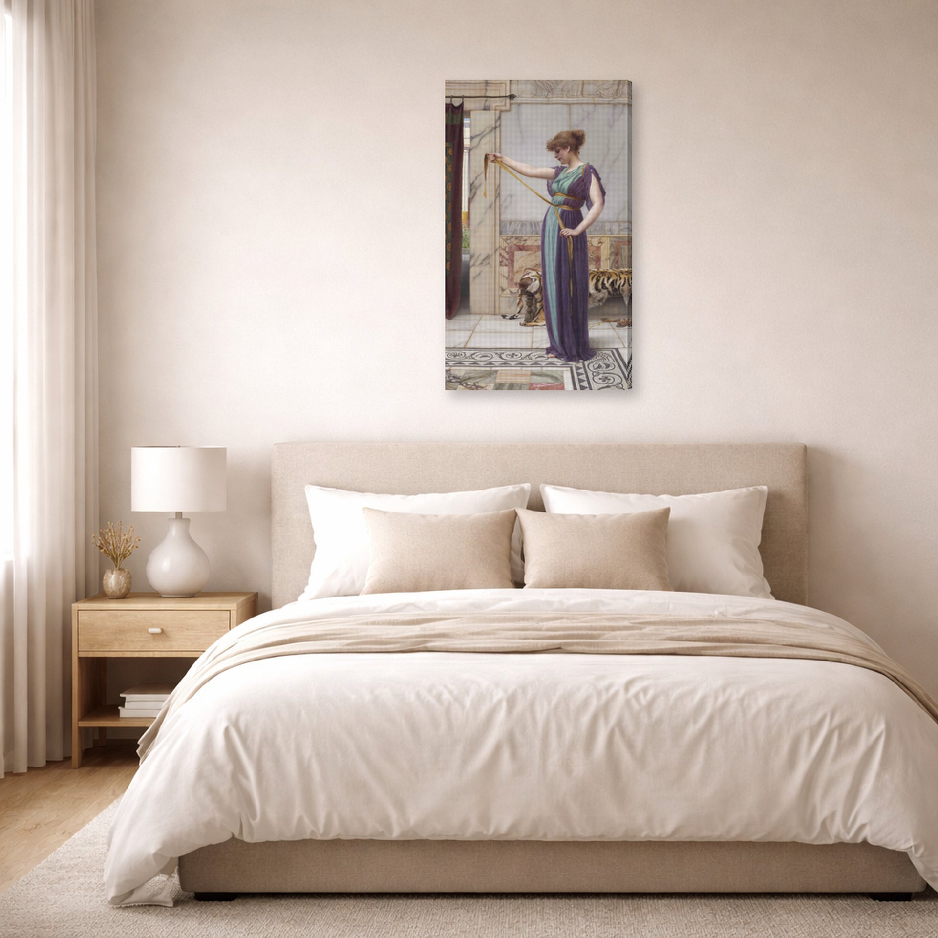 Gallery-wrapped canvas print of John William Godward's A Pompeian Lady displayed on a wall in a bedroom