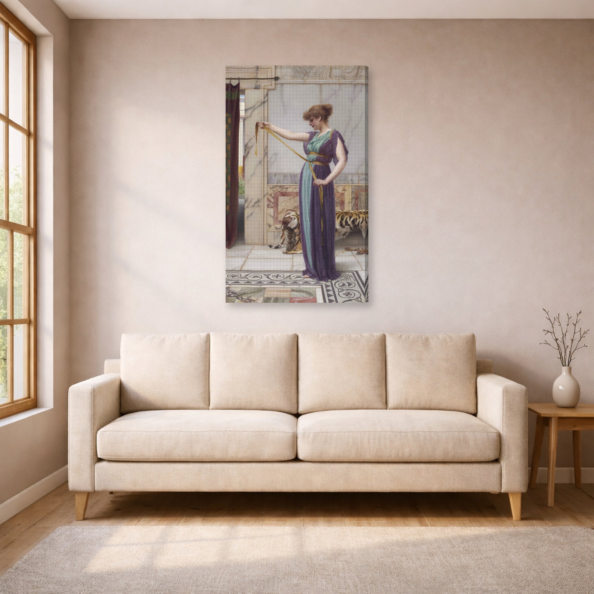 Gallery-wrapped canvas print of John William Godward's A Pompeian Lady displayed on a wall in a living room